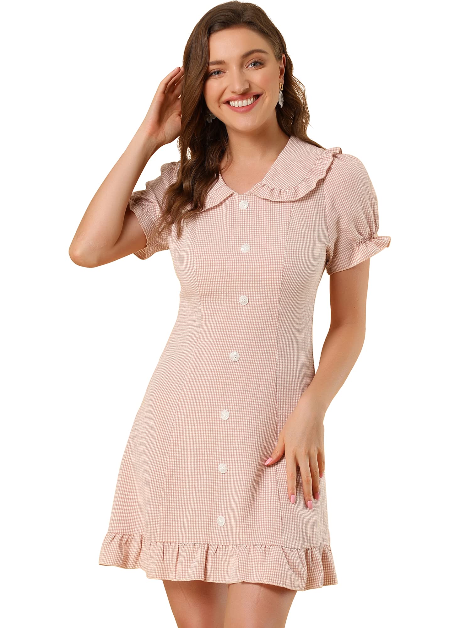 Allegra K Women's Plaid Gingham Ruffled Retro Peter Pan Collar Dress | Vintage Style Floral Print Summer Dress for Women | Perfect for Office, Date Night & Special Occasions