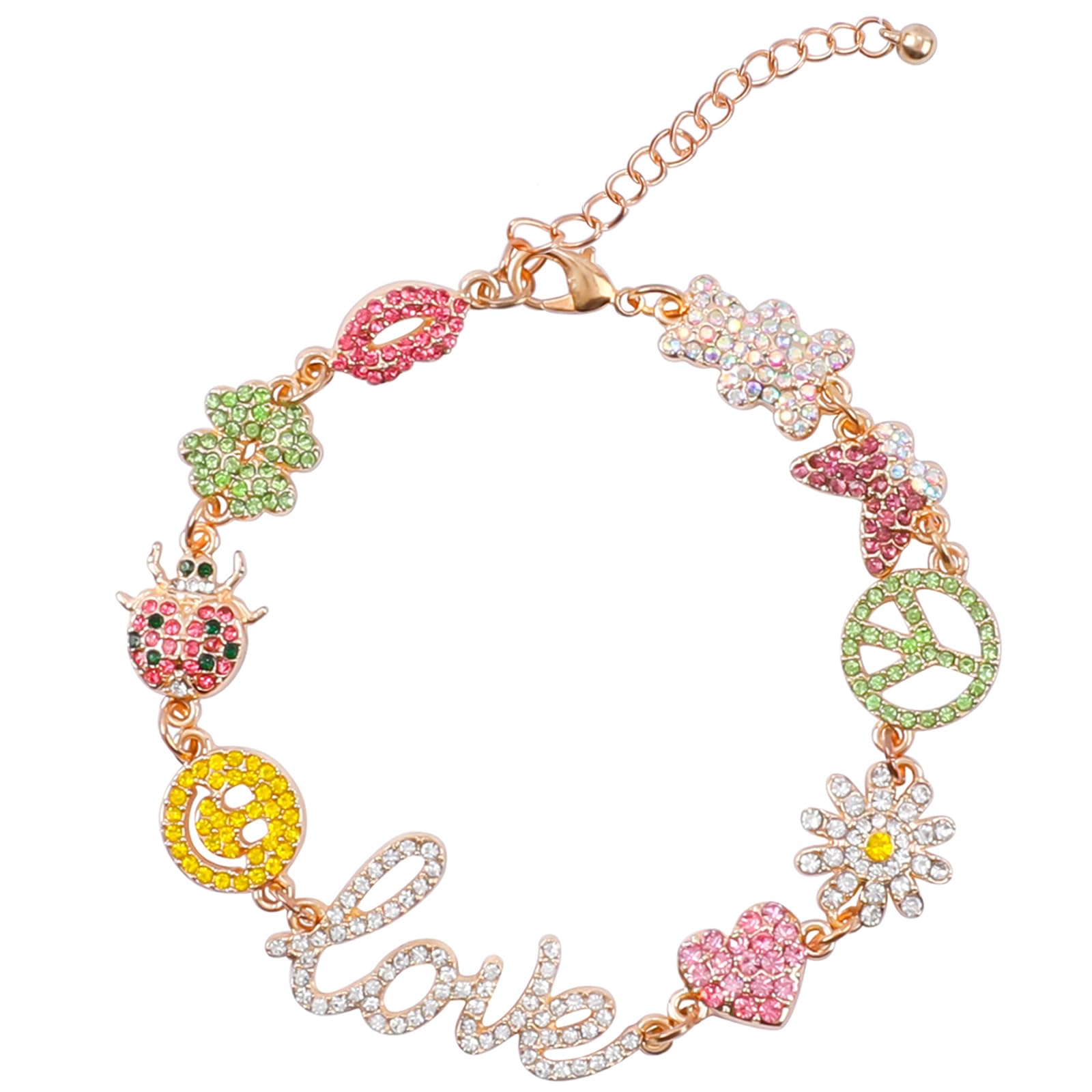 Cute Colorful Love Heart Charm Bracelets for Women - Adjustable Smiley Bear Butterfly Peace Sign Flower Beetle Red Lip Clover Animal Gold Link Hippie Statement Bracelets | Y2K Preppy Jewelry Gift for Women, Girls, Teens | Perfect for Parties, Gifts, Everyday Wear