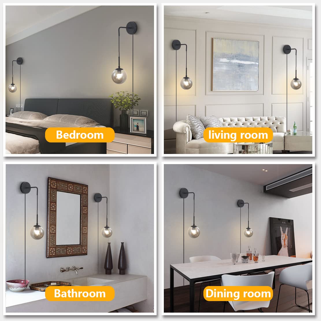 Modern Smoke Gray Glass Wall Sconce Lighting - Set of 2 Plug-in Cord Mid Century Matte Black Wall Lights for Bathroom Vanity & Bedroom - Energy Efficient Globe Fixture for Home Decor (Smoke Gray)