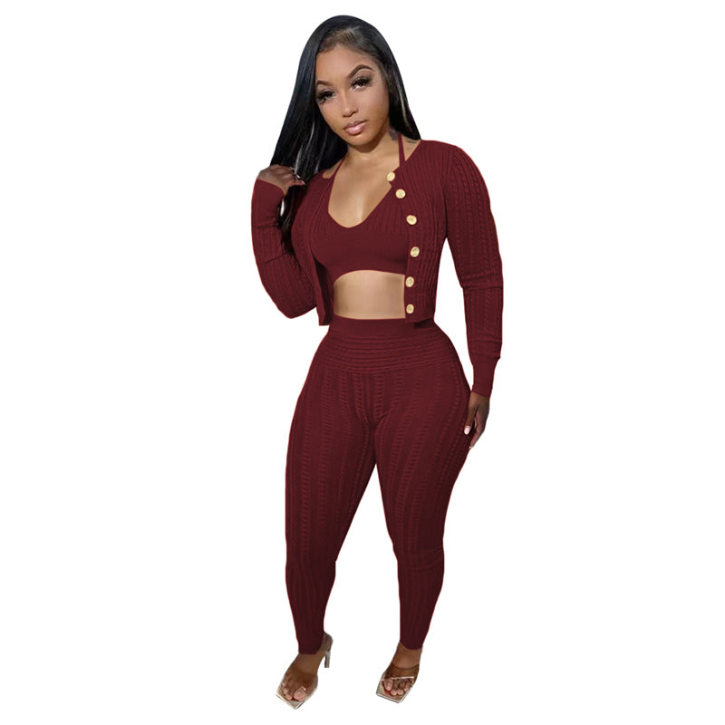 Solid Color Knit Sweater 3-Piece Set for Women - Soft Casual Outfit for Fall & Winter | Cozy Office Wear, Weekend Brunch & Holiday Gatherings