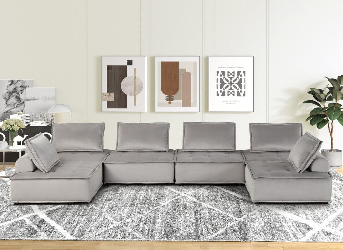 Anna Light Gray Velvet 6-Seater U-Shaped Modular Sectional Sofa Set - Modern Living Room Furniture for Home Theater, Lounge & Family Gatherings