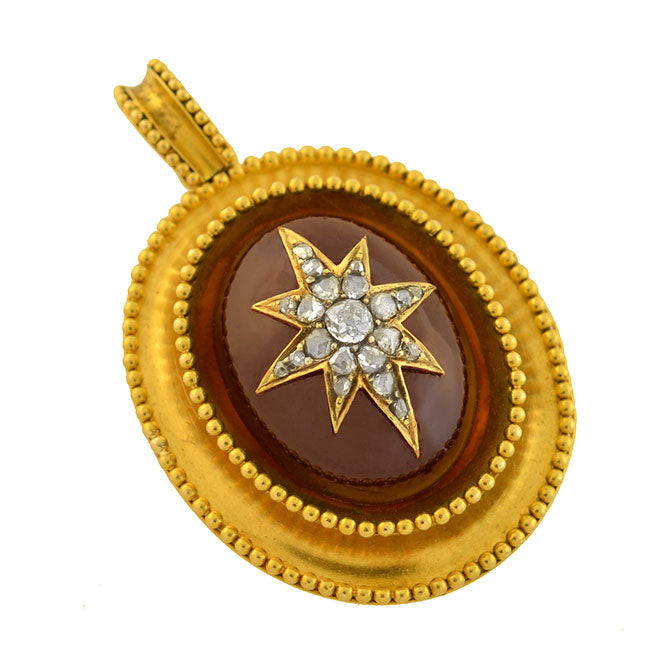 Victorian Style 15kt Gold Garnet Cabochon Diamond Starburst Locket Pendant Necklace - Elegant Antique Jewelry for Women, Perfect for Weddings, Anniversaries & Special Occasions