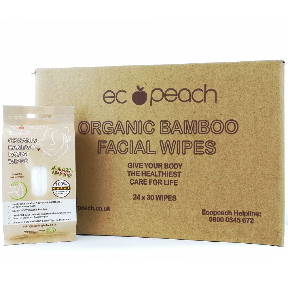 Ecopeach Organic Bamboo Facial Cleansing Wipes - 30 Count (10 Pack) with Aloe Vera | Gentle Makeup Remover & Daily Skincare | Travel-Friendly & Eco-Conscious Beauty