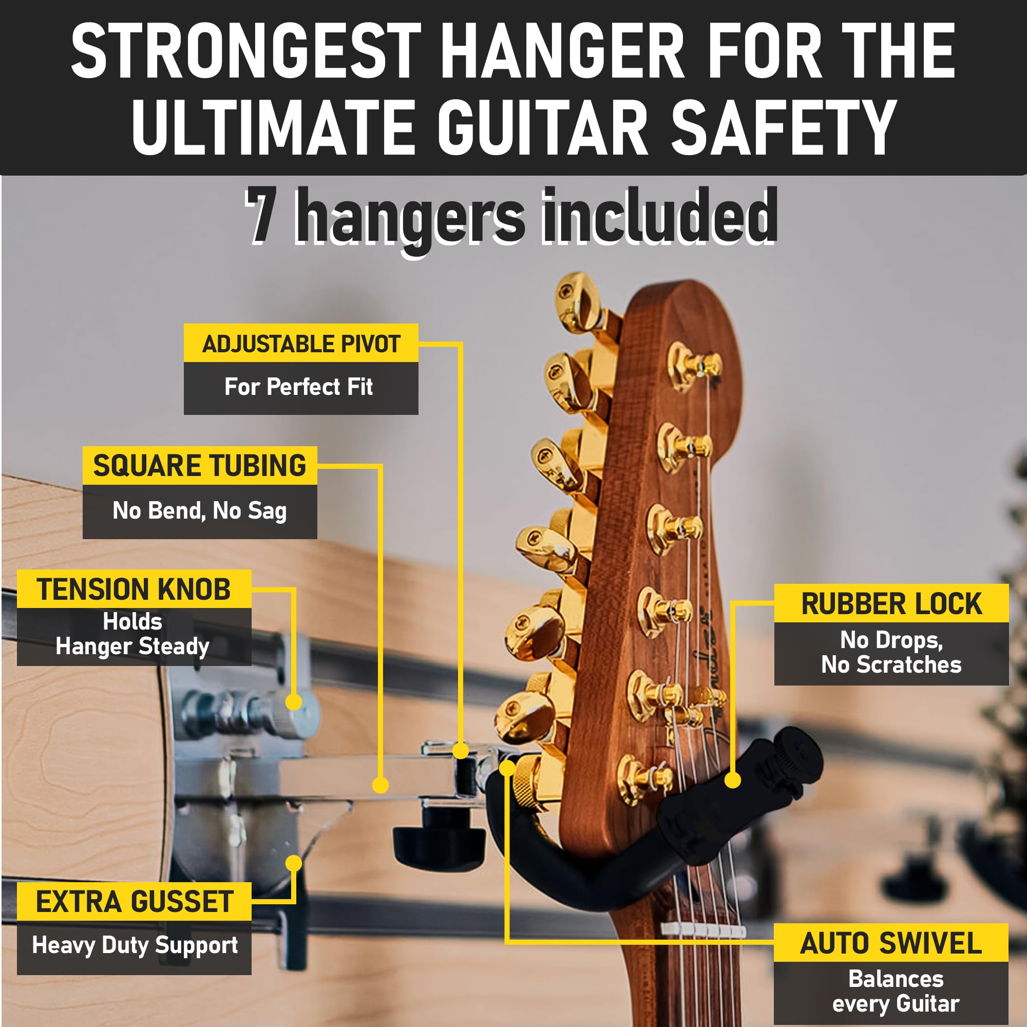 DLDirect 7 Guitar & Ukulele Wall Mount Holder with Locking System - 48 Inch Black Wall Hanger for Home, Studio & Music Room Organization