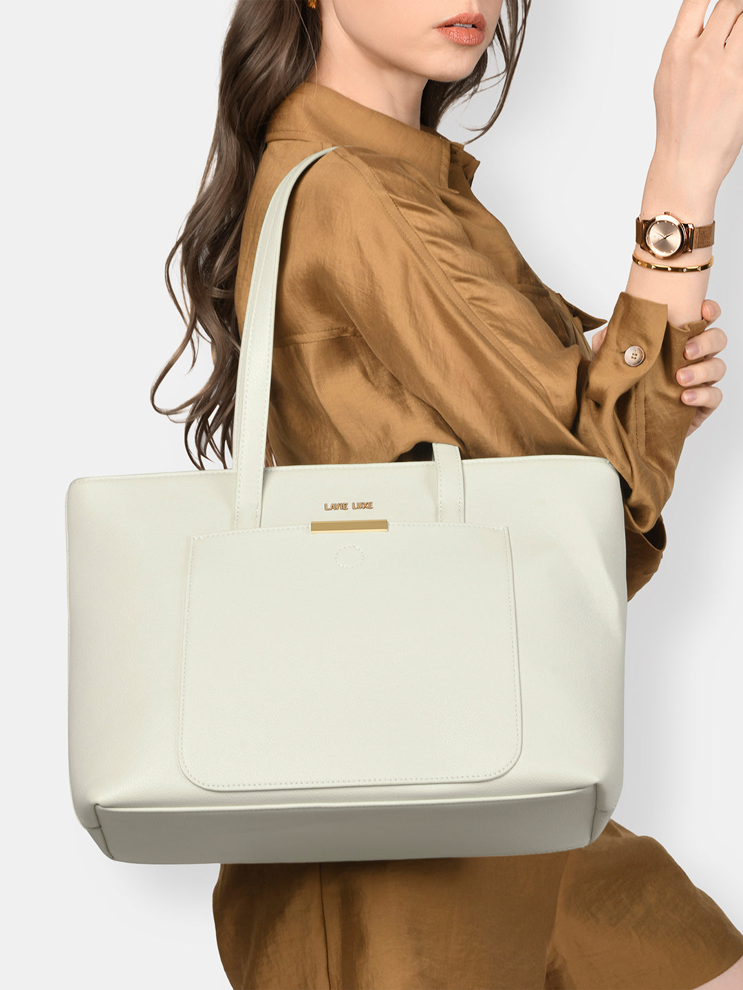 Lavie Luxe Bliss Off White Large Women's Tote Bag - Stylish & Spacious Designer Handbag for Work, Travel & Everyday Use