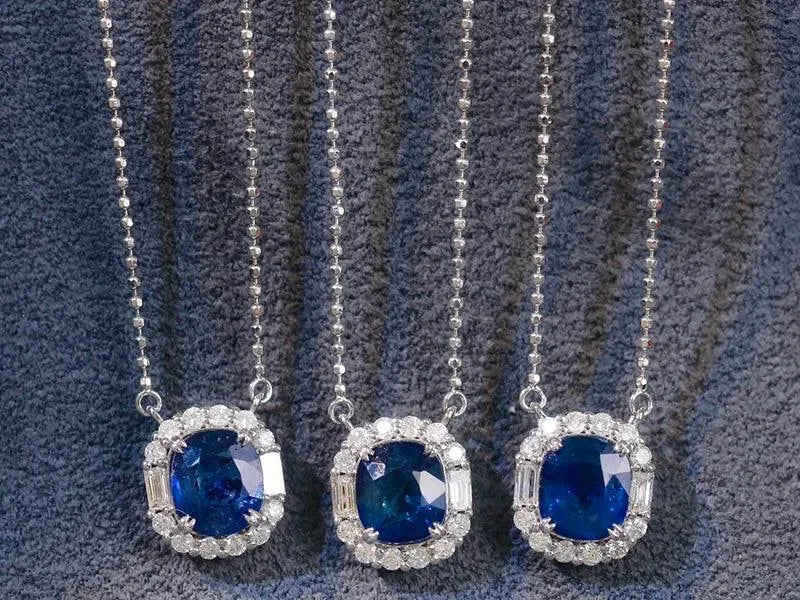 18K White Gold Natural Blue Sapphire Pendant Necklace - Shiny Gemstone Luxury Diamond Jewelry for Women - Perfect for Senior Banquet, Wedding & Special Occasions