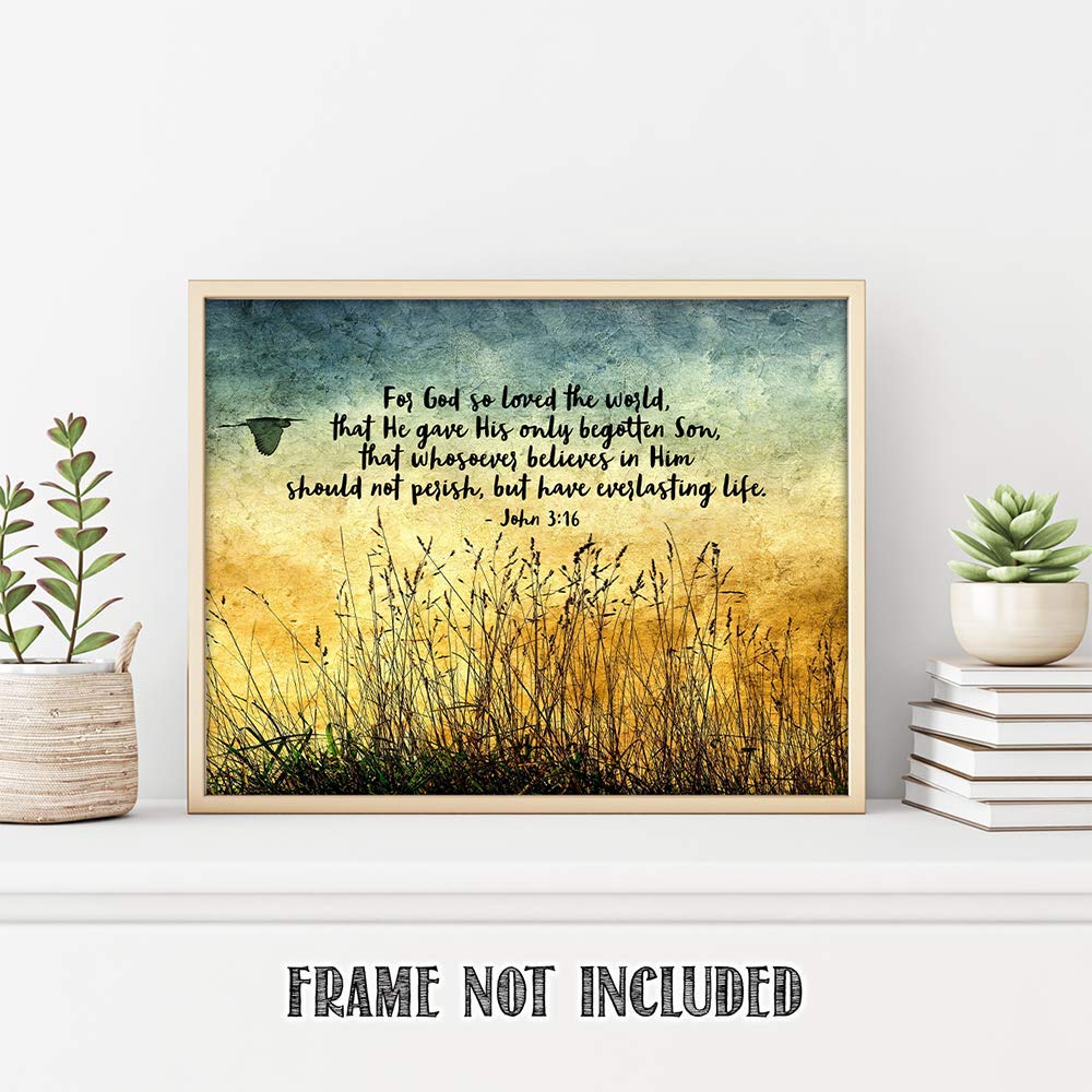 TJ Originals - John 3:16 Bible Verse Wall Art - Christian Scripture Decor - 11x14 Inspirational Print - God So Loved the World Quote - Perfect for Home, Church & Office Decor - Great Gift for Women, Family & Friends (Wild Grass 2)
