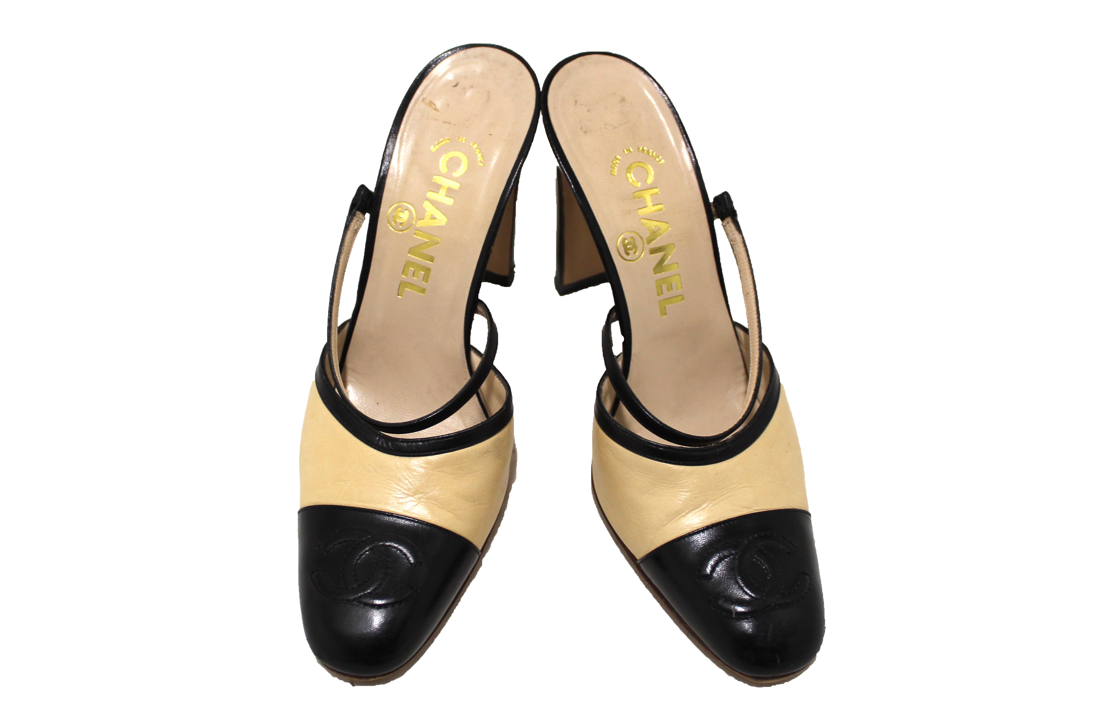 Authentic Chanel Vintage Beige & Black Leather Cap-Toe Slide Mules - Women's Size 37.5 (US 7) - Comfortable House Slippers & Luxury Lounge Shoes for Home, Office & Casual Outings