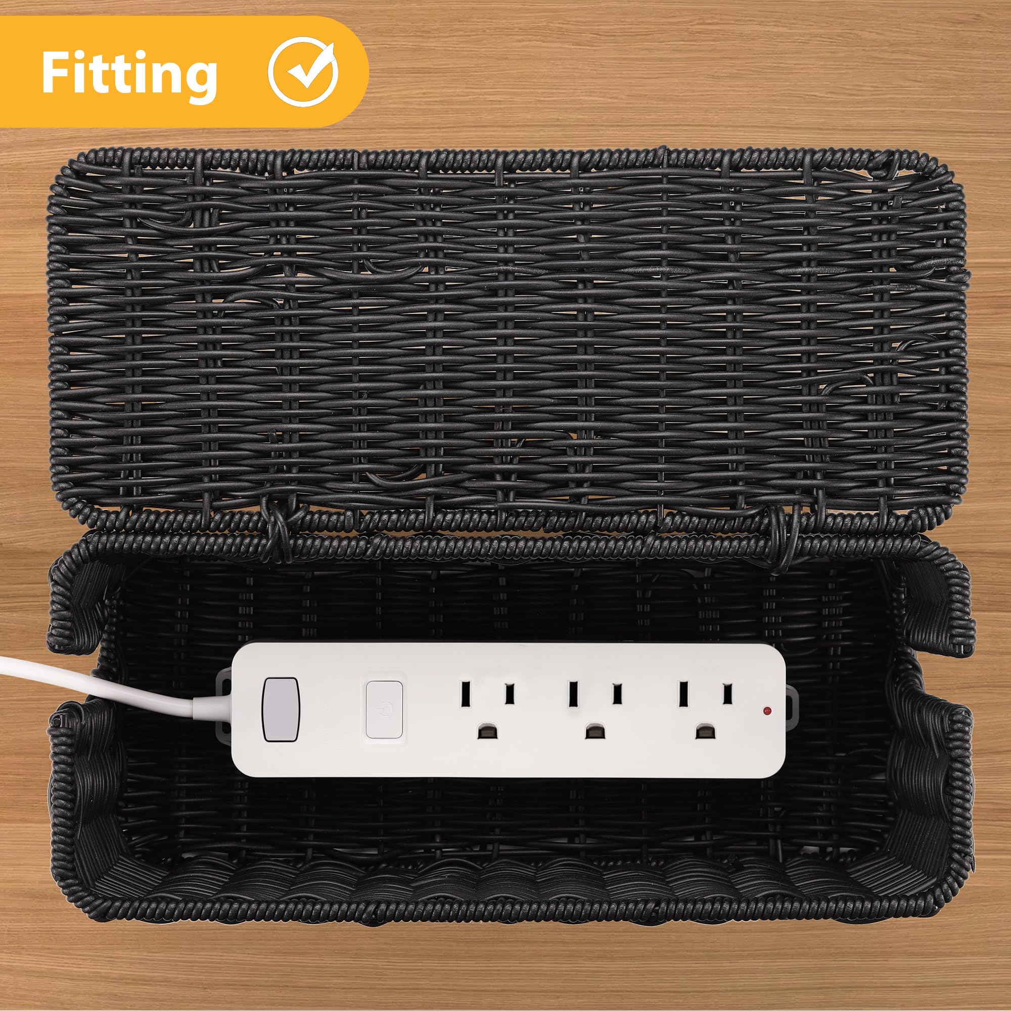 Handmade Rattan Cable Management Box - Black Cord Organizer for Desk, Power Strips & Electronics - Decorative Cord Hider Box (12.5