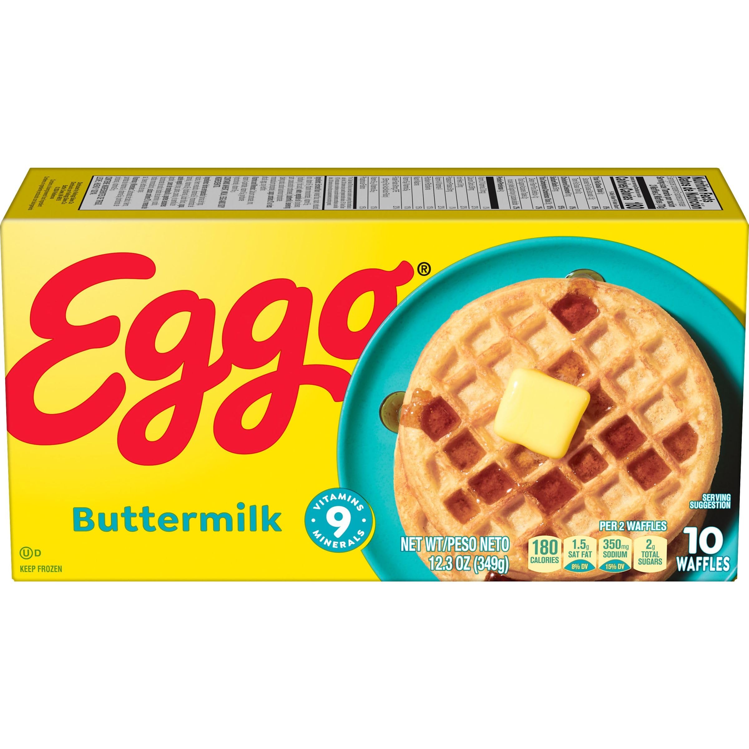 Eggo Frozen Waffles - Buttermilk Flavor, 12.3oz Box (10 Waffles) | Quick & Easy Breakfast Food for Busy Mornings, Kids' School Breakfast or Weekend Brunch