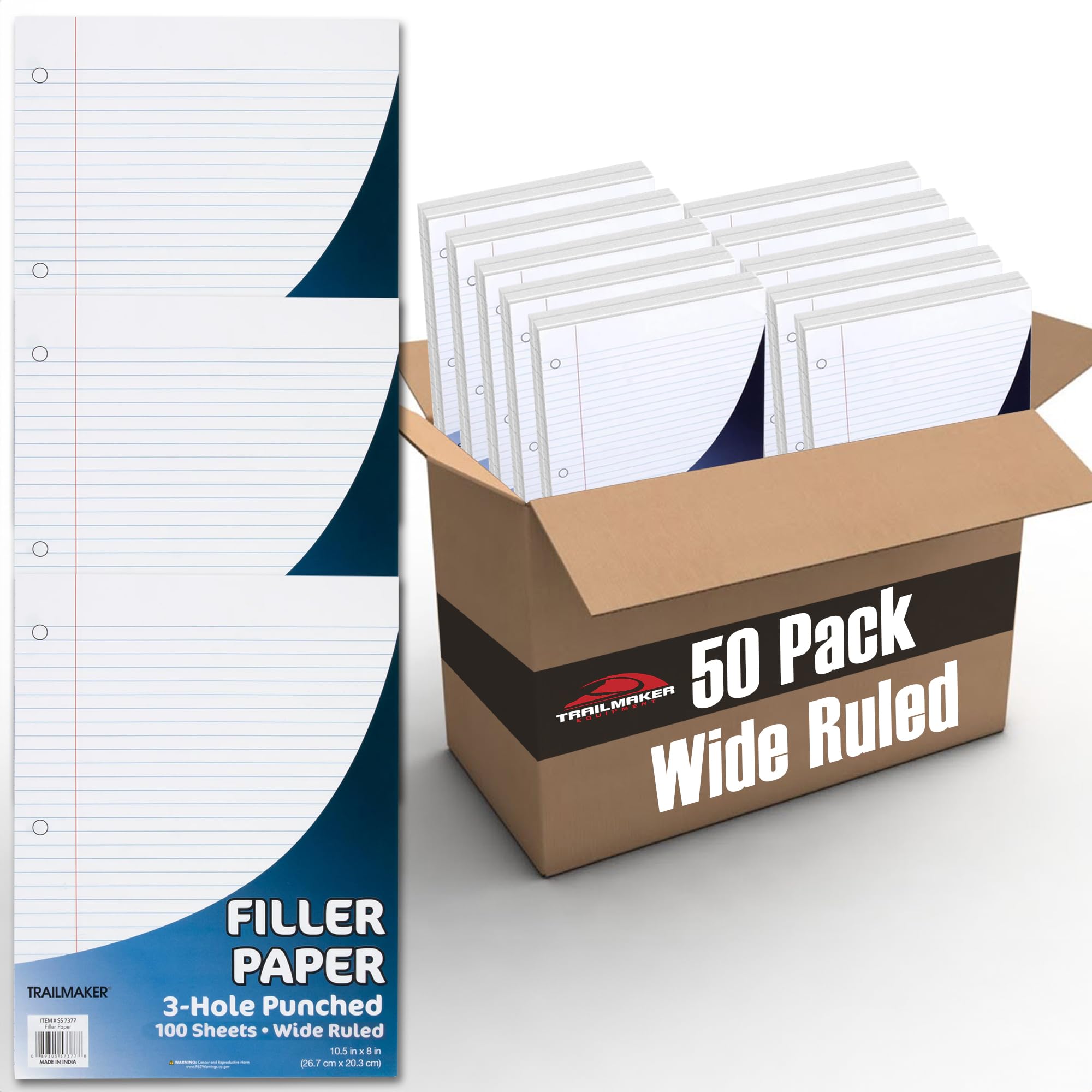 50 Pack Bulk Binder Paper Wide Ruled with 3 Hole Punches - 100 Sheets Each for School, Office & Home Organization | Filler Paper for 3-Ring Binders, Notebooks & Filing Systems