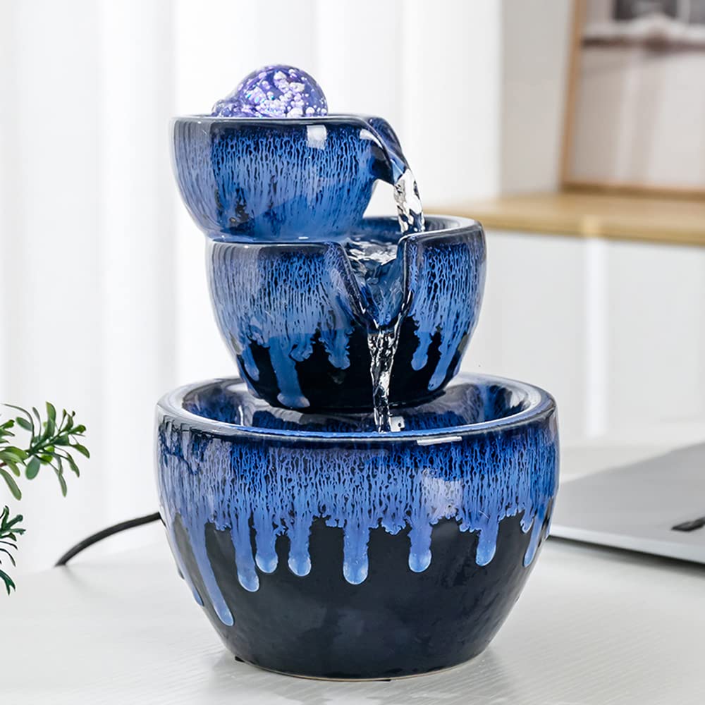 Ceramic Tabletop Fountain with Floating Ball - Indoor Zen Water Feature for Office, Home, Desk Decor - Relaxing Water Sounds for Stress Relief & Meditation (Blue)
