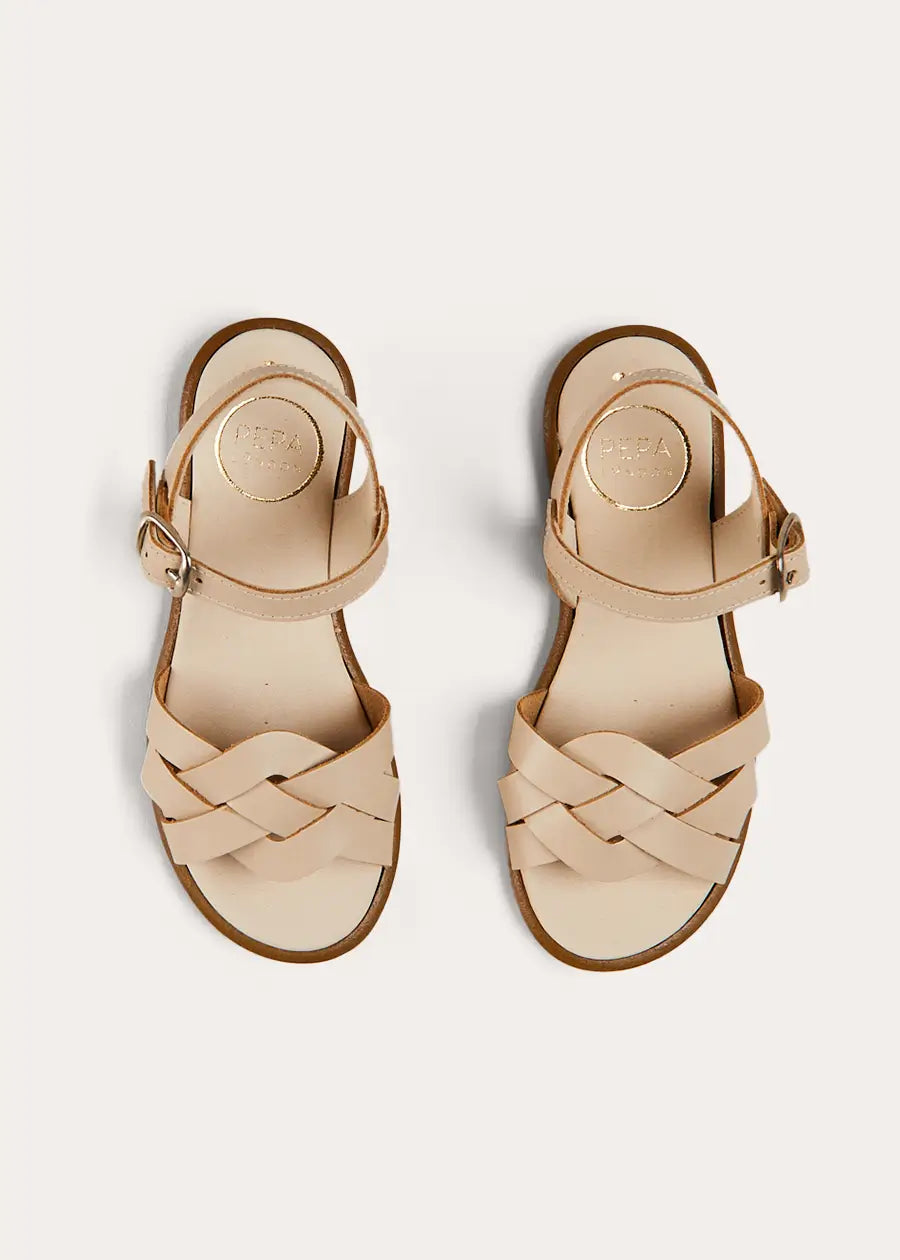 Beige Leather Woven Detail Sandals for Women - Size 24-35 EU | Comfortable Summer Casual Shoes for Beach, Vacation & Everyday Wear