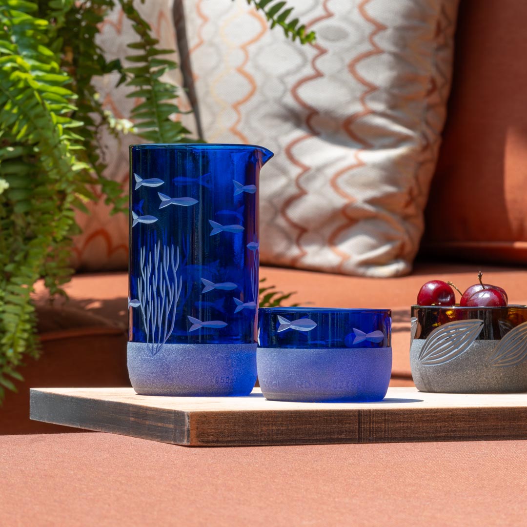 School of Fish Twice Around Blue 13oz Pitcher & 2” Mini Sipper Set - Glass Drinkware with Gift Box - Perfect for Home Decor, Party Serving & Unique Gifts
