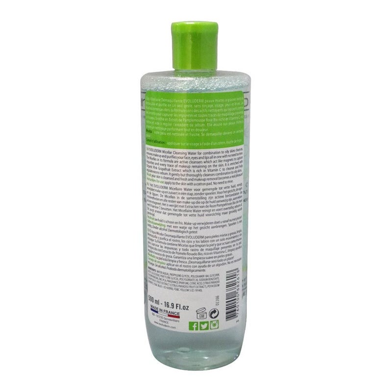 Evoluderm Micellar Cleansing Water for Combination & Oily Skin - 16.9 Fl Oz (500ml) | Gentle Makeup Remover & Daily Face Cleanser | Perfect for Travel & Gym