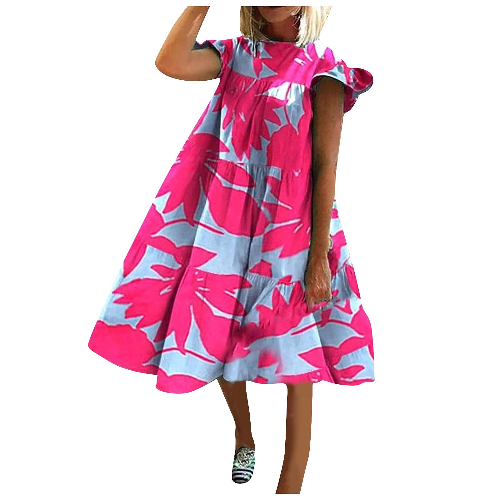 FOVIGUO Women's Plus Size Casual Sunflower Print Ruffle Sleeve Babydoll Maxi Dress - Flowy Puff Sleeve O-Neck Midi Dress for Vacation, Beach, Summer Outfits & Date Nights