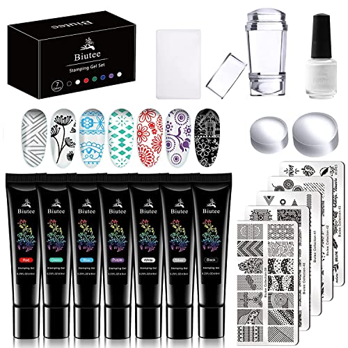 5Pcs Nail Stamping Plates Set with 7 Colors Polish - Gel Nail Art Stamper, Scraper & Peel Off Liquid Latex Kit for Professional Salon & DIY Home Manicures