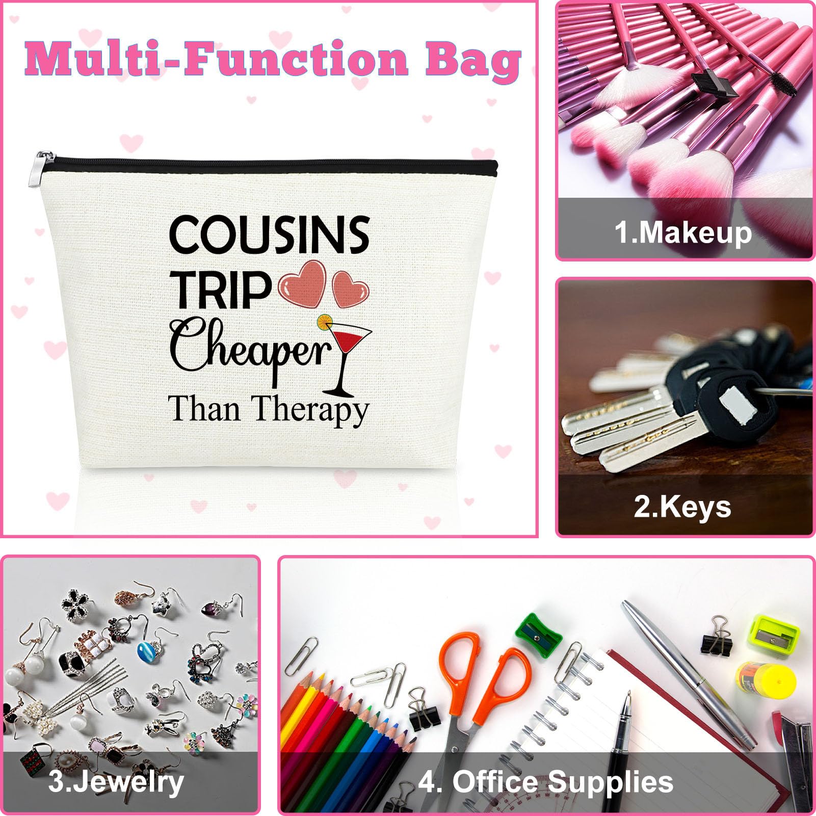 2-Piece Cousin Makeup Bags Set - Funny Inspirational Cosmetic Bags for Women | Perfect Cousins Trip Gifts, Birthday Presents & Female Friendship Weekend Accessories | Great for Travel, Storage & Gift-Giving Occasions