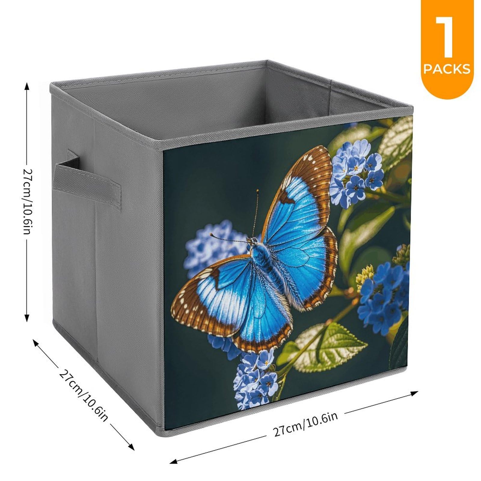 1PCS Collapsible Storage Bins with Handles - Blue Butterfly Printed Foldable Organizer Box for Home, Closet, Shelves & Office | Space Saving Storage Solution for Toys, Books & Household Items