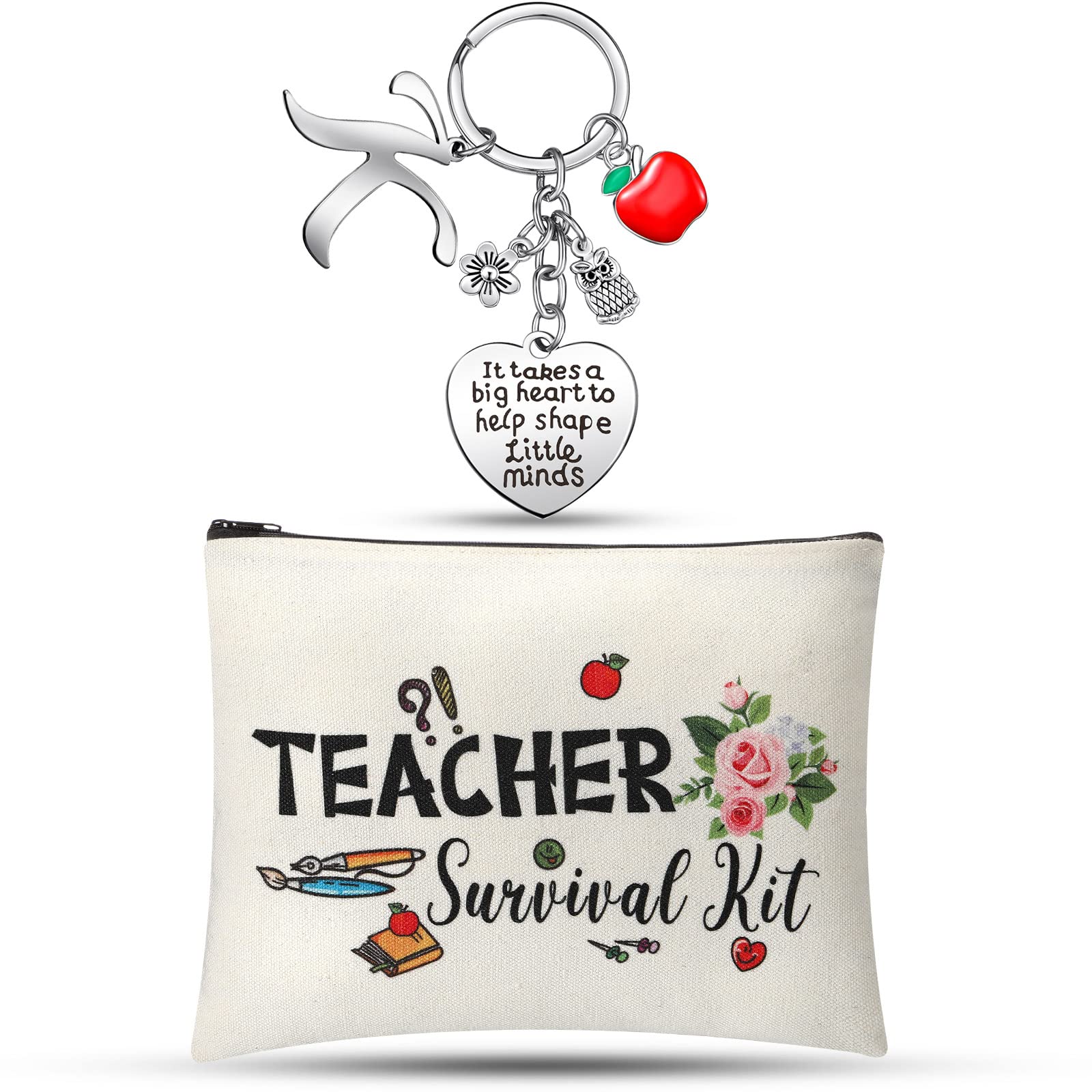 Personalized Teacher Appreciation Gift Set - Custom Initial Makeup Pouch & Survival Kit Bag with Keychain - Perfect Teacher Thank You Gift for Graduation 2025, End of Year, Back to School (K Style) - Ideal for Classroom, Teacher's Lounge & Special Occasions