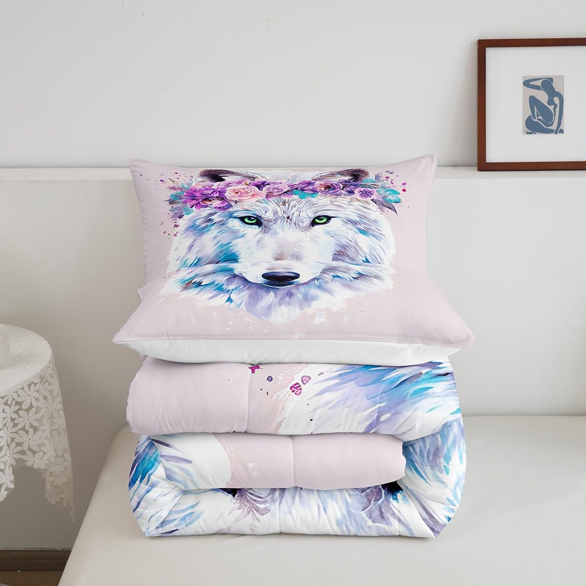 Wolf Safari Comforter Set - Queen Size Tie Dye Bedding with Pillowcases for Jungle Themed Bedroom