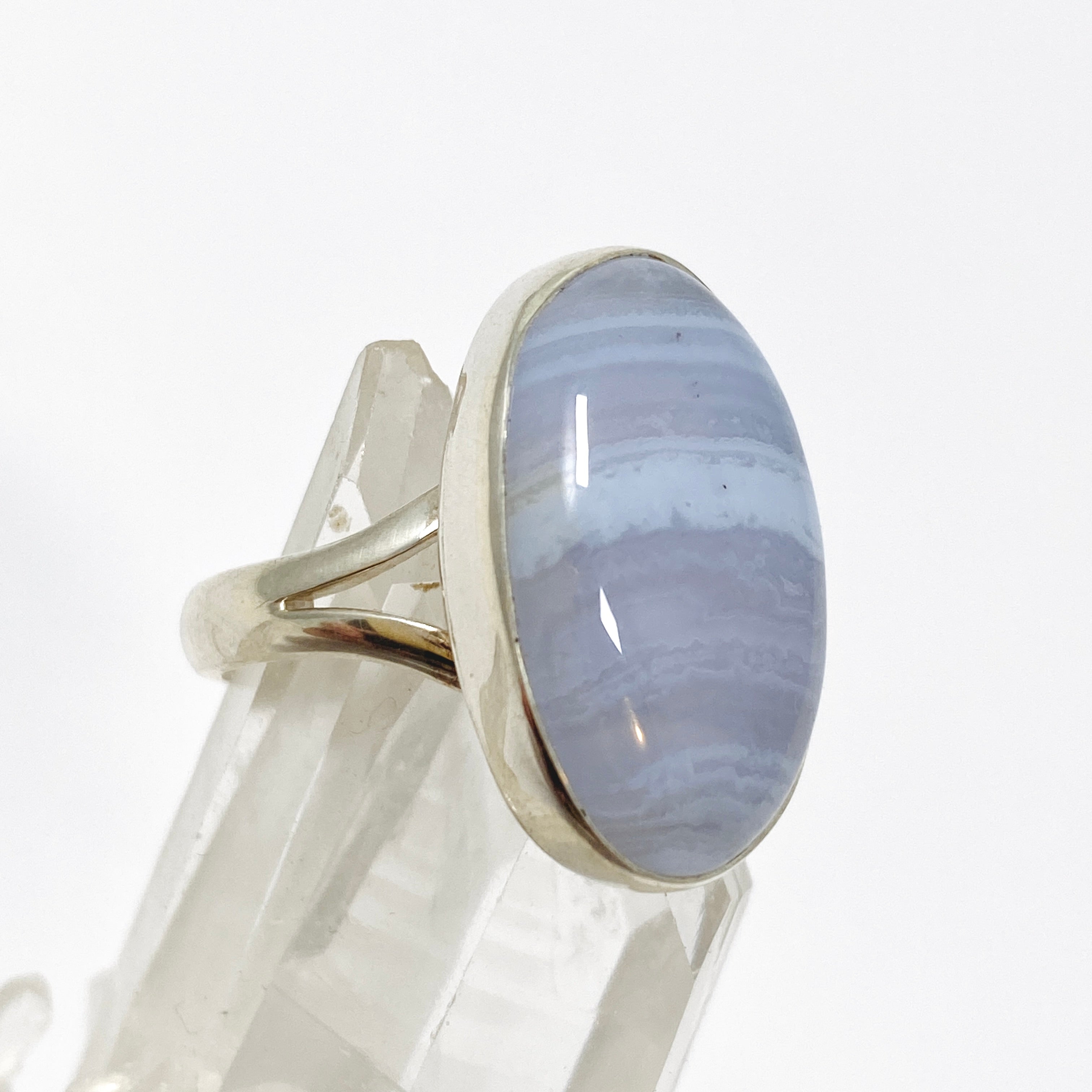 Blue Lace Agate Oval Cabochon Ring - Size 8 - KRGJ3377 - Elegant Handmade Jewelry for Women, Perfect for Weddings, Parties & Everyday Wear