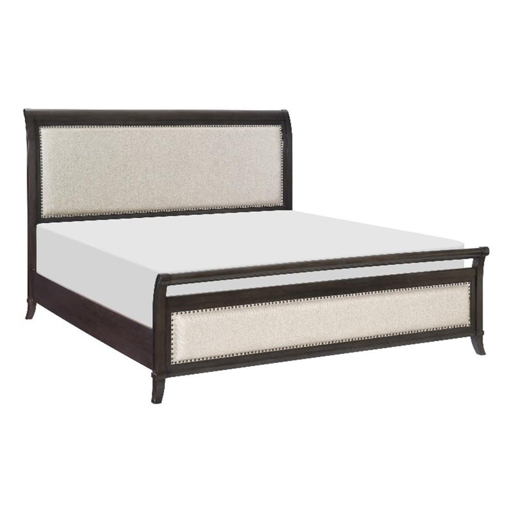 Lexicon Hebron Queen Size Bed Frame with Upholstered Headboard - Dark Cherry/Beige Fabric - Modern Bedroom Furniture for Master Bedroom or Guest Room