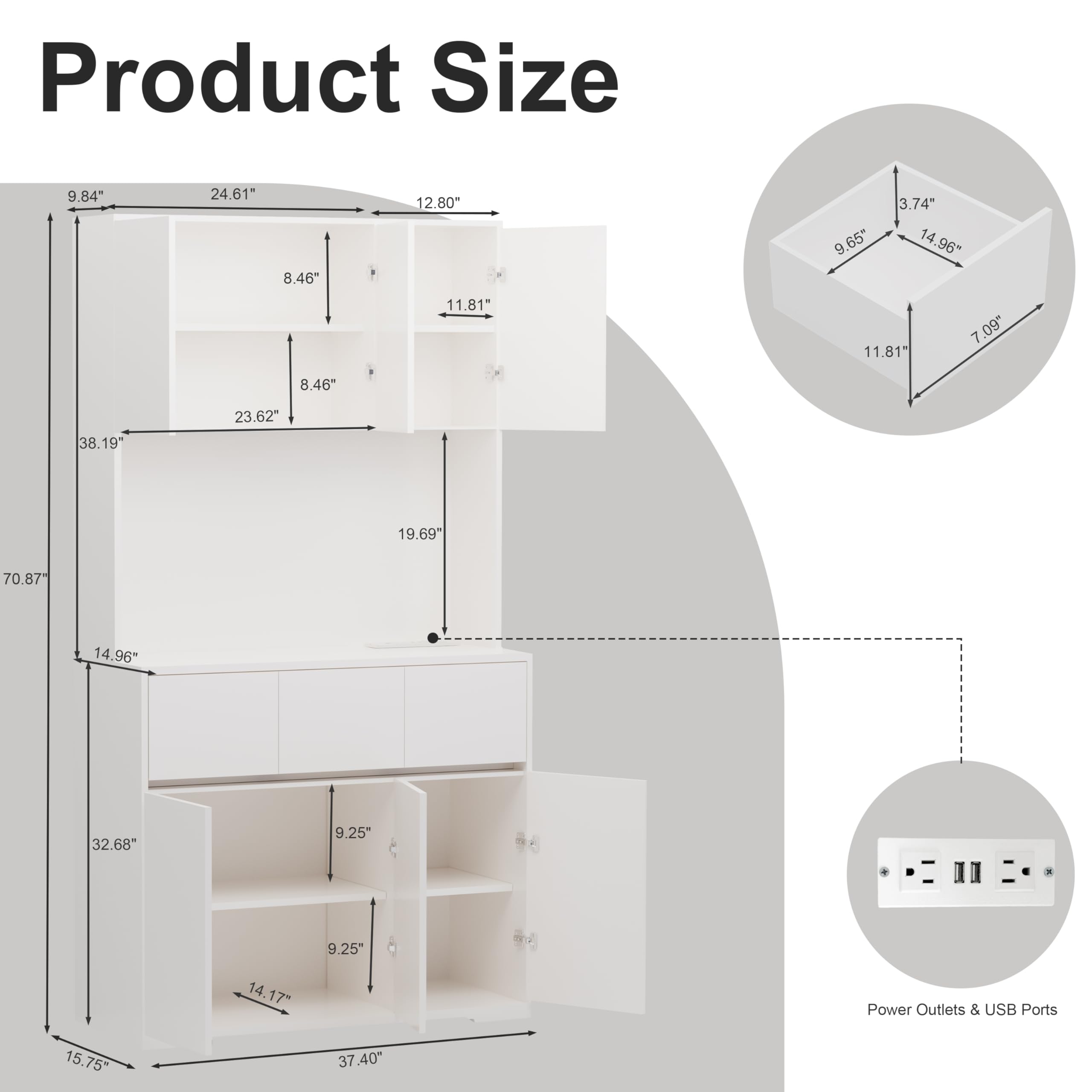 White Kitchen Pantry Cabinet with Power Outlets & LED Lights - Hutch Storage Cabinet with 3 Drawers, Countertop & Microwave Stand - Perfect for Modern Kitchens, Dining Rooms & Small Spaces