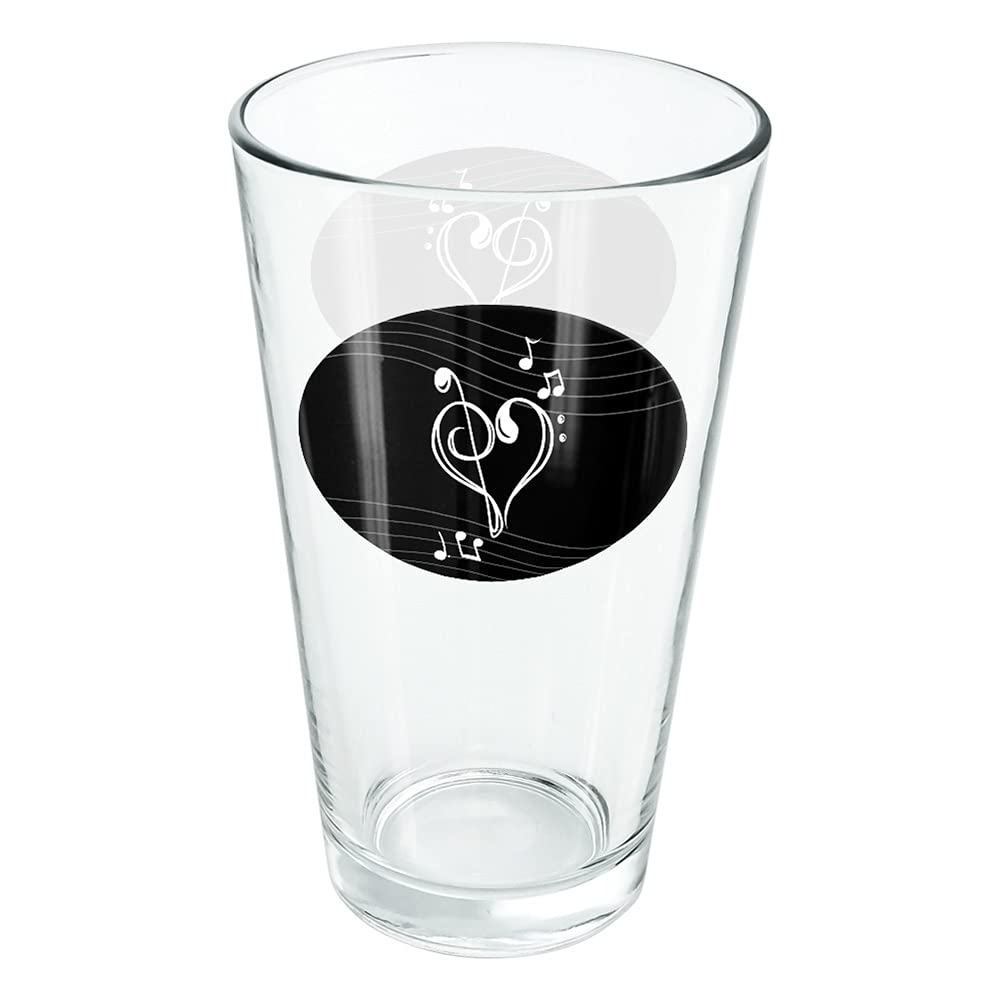 LOGOVISION Treble Bass Clef Heart Music Black 16 oz Pint Glass - Tempered Glass with Printed Design - Perfect Gift for Music Fans - Ideal for Cold Beverages, Soda, Water, Beer & Cocktails at Concerts, Parties & Home Bars