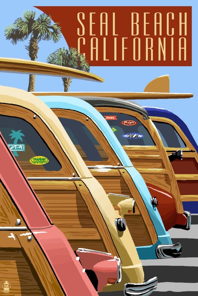 Signed Woodies Lined Up 43458 Art Print - 24x36 California Beach Wall Decor Poster | Vintage Surf Style Home & Office Decoration