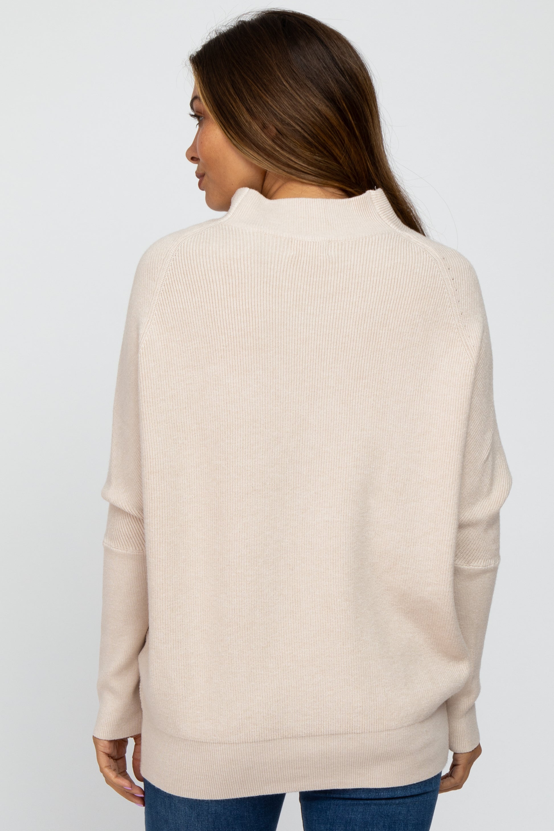 Beige Funnel Neck Dolman Sleeve Maternity Sweater for Women - Soft Comfortable Pregnancy Knit Top for Moms-to-Be - Perfect for Casual Wear, Office Outfits and Maternity Photos