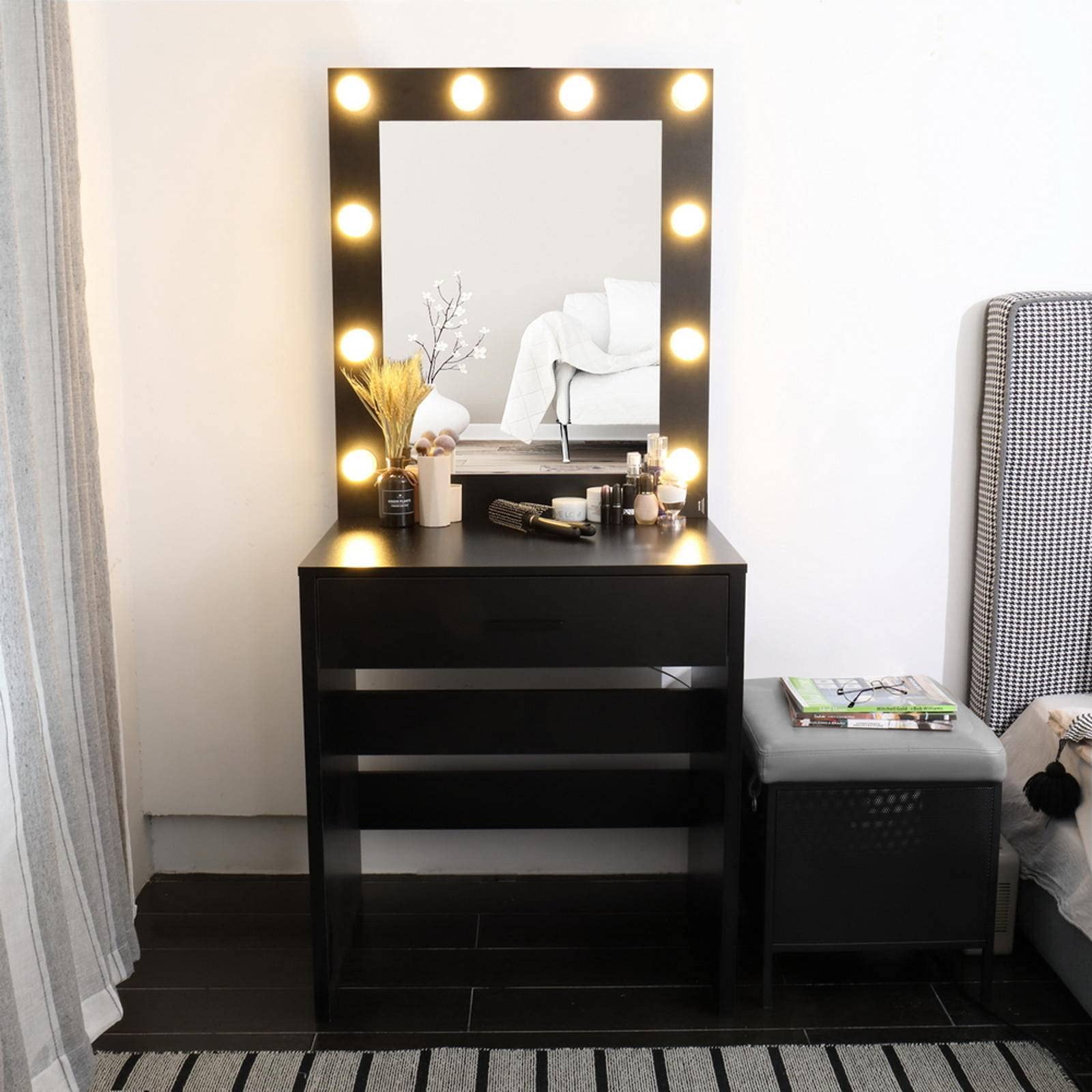 AUTOKOLA FCH Single Drawer Dresser with LED Light Cannon & Large Mirror - Black Finish, Warm White Lighting - Perfect for Bedroom, Living Room or Dressing Area