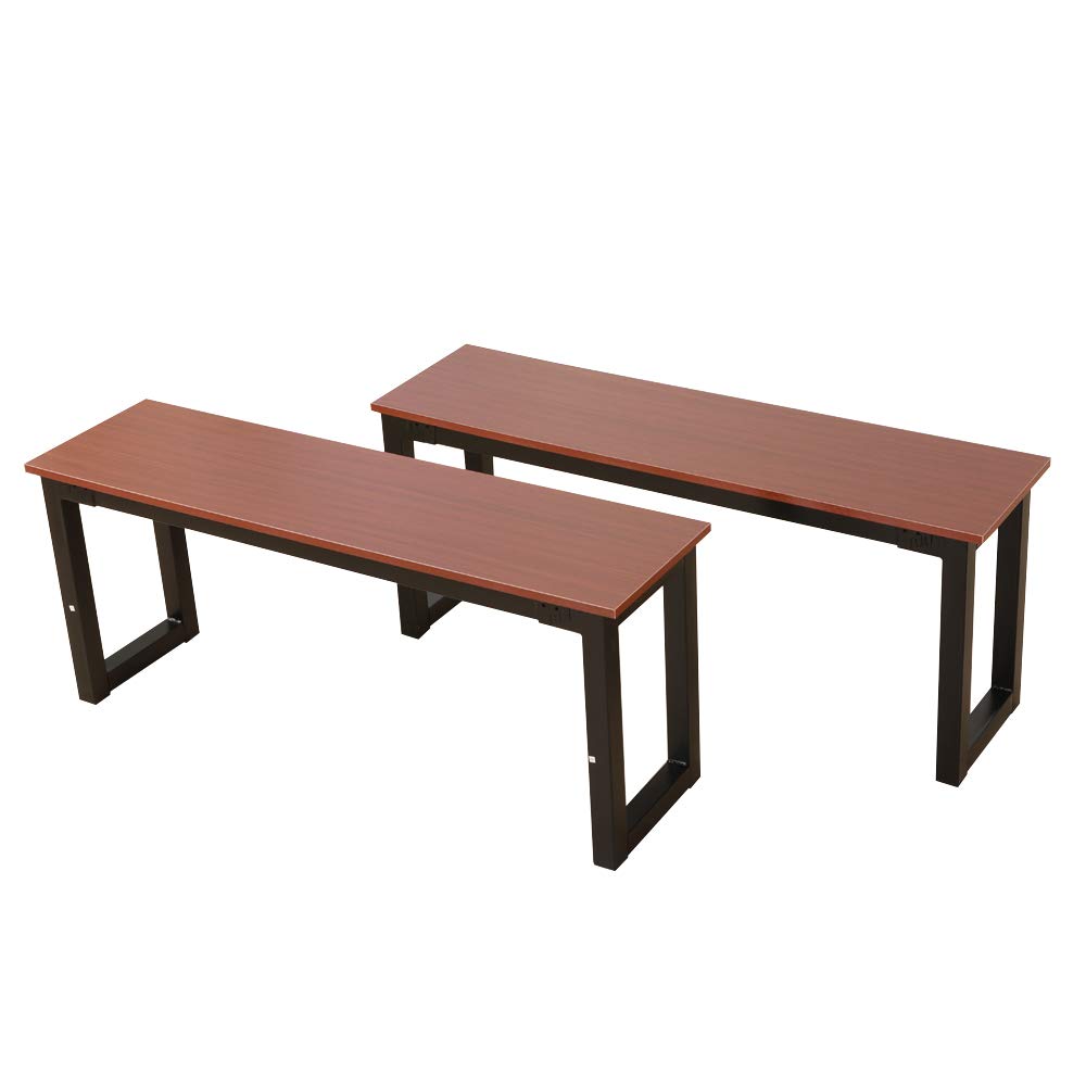 2-Piece Minimalist Iron Frame Dining Benches in Teak Finish - Perfect for Kitchen, Breakfast Nook & Small Space Dining Sets