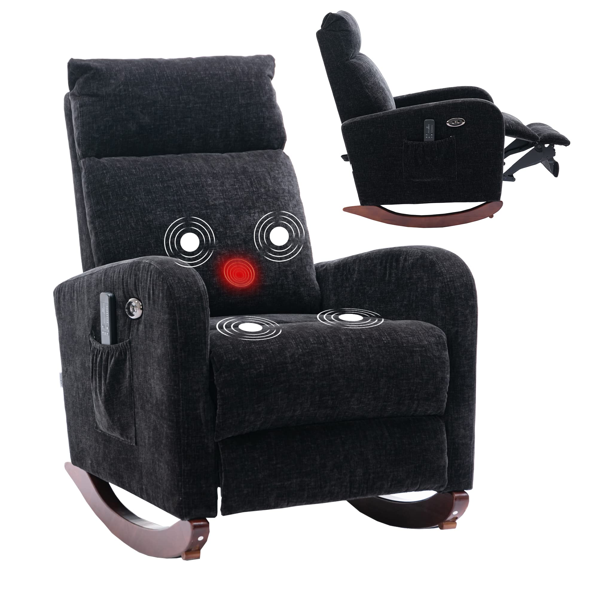 Dolonm Electric Massage Recliner Rocking Chair with Heat & USB Port - Modern Chenille Fabric Glider Armchair for Nursery, Living Room, Office - Tall Back Upholstered Accent Chair for Relaxation & Comfort (Black) | Perfect for Reading, Watching TV & Stress Relief