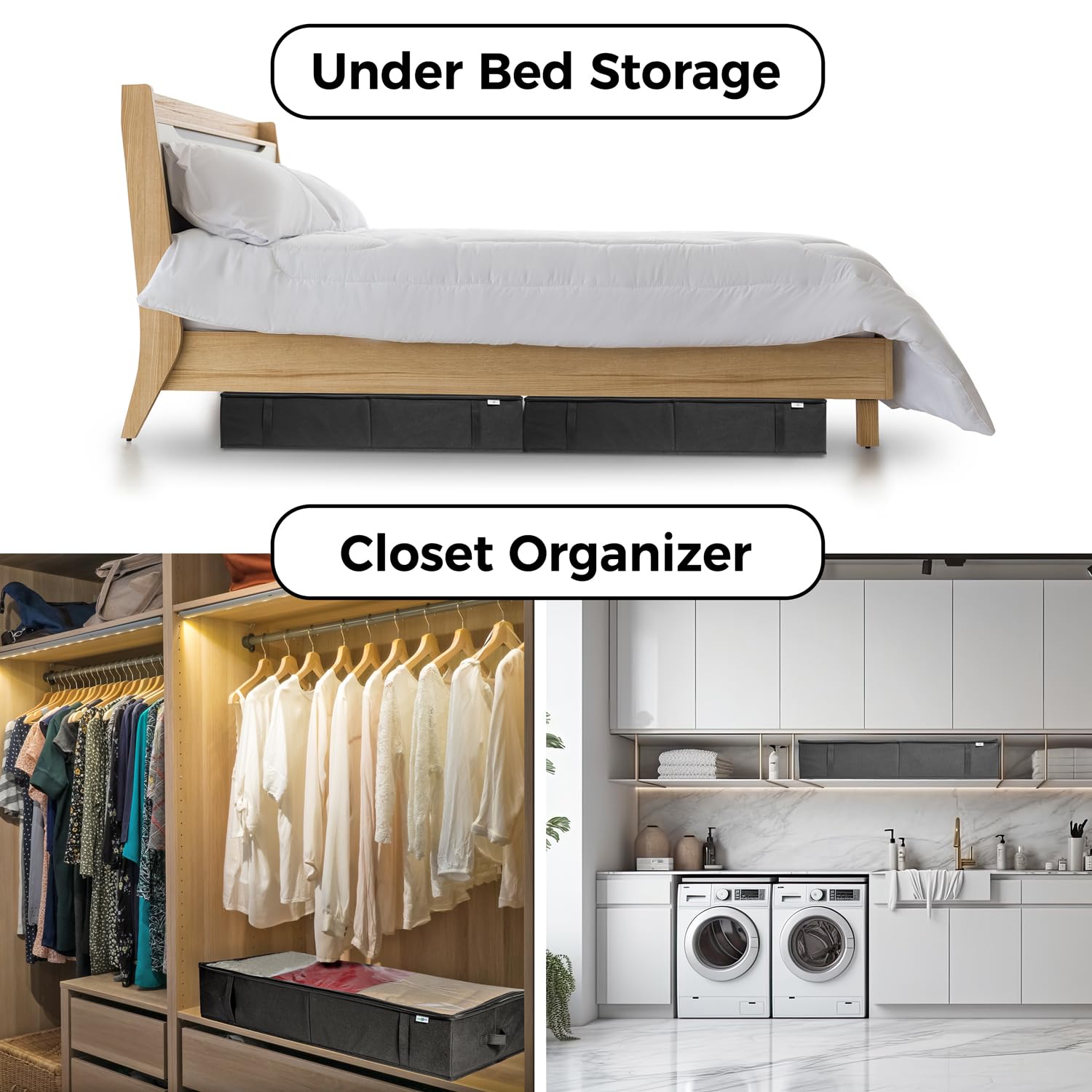 Space-Saving Under Bed Storage Containers & Closet Organizers - 2 Pack Black Storage Bins for Clothes, Toys & Home Organization - Perfect for Small Spaces, Dorm Rooms & Bedroom Storage Solutions