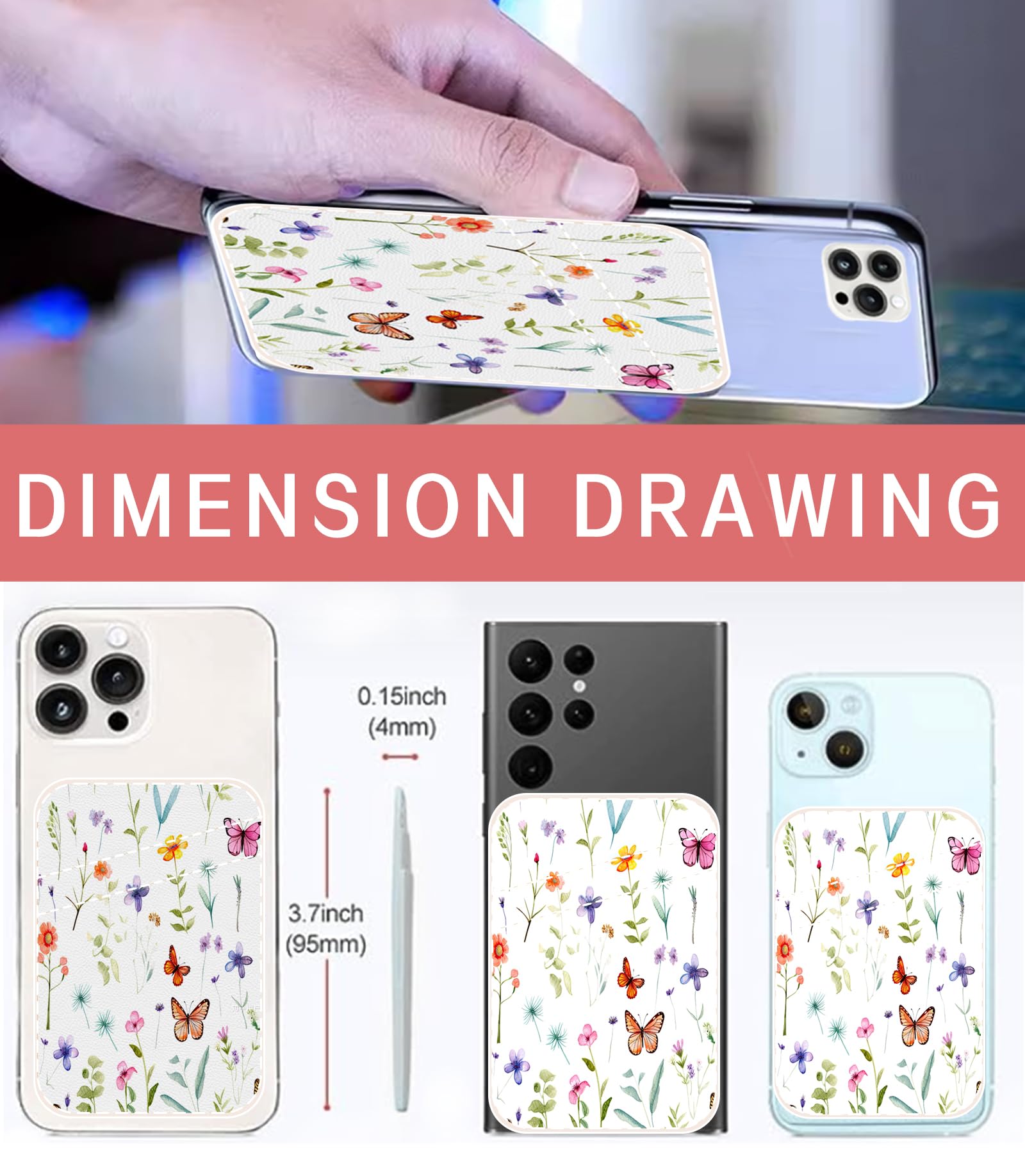 Stick-On Leather Phone Card Holder Wallet - Slim Credit Card Case for Back of Phone, Fabric Sleeve Compatible with Most Smartphones (Cute Butterfly Design) - Perfect for Hands-Free Shopping, Travel & Everyday Use