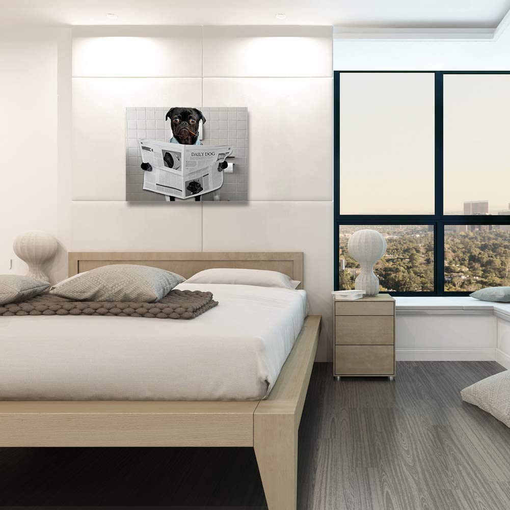 Funny Pug Dog Reading Newspaper Smoking Cigar Canvas Wall Art - Modern Bathroom Decor Oil Painting Print 12x16 Inch - Perfect for Nursery, Office, Living Room & Bedroom Decor | Humorous Toilet-Themed Gift Idea