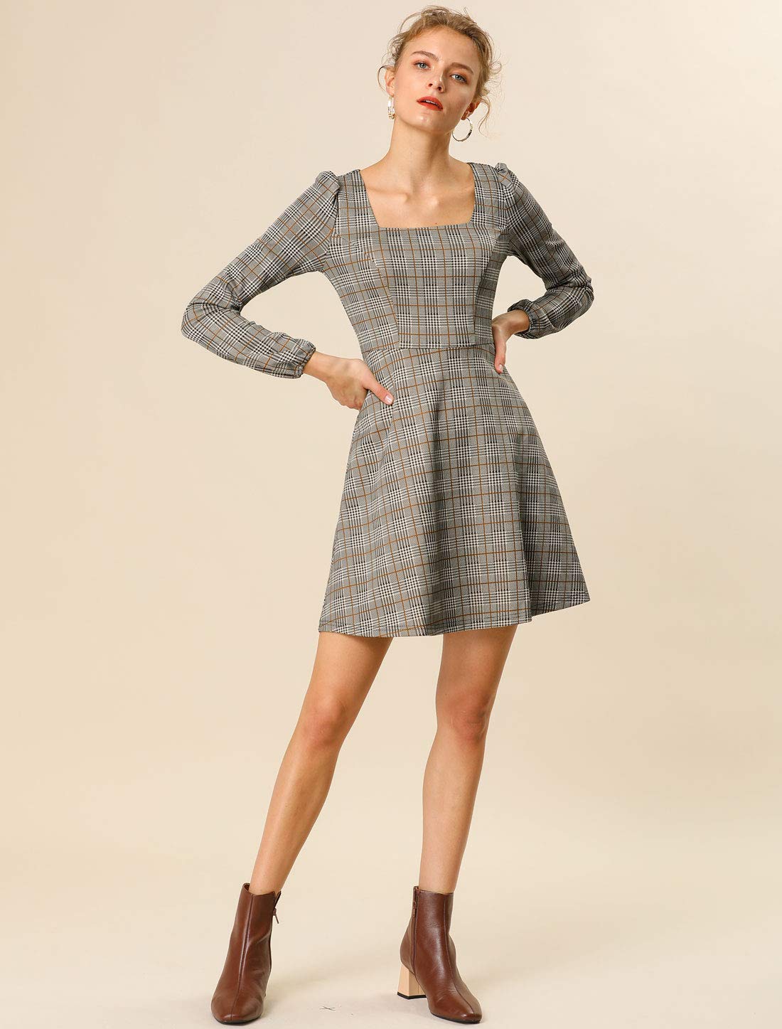 Allegra K Women's Vintage Retro Plaid Mini Dress - Square Neck Long Sleeve Spring Floral Dress for Casual Outings, Date Nights & Office Wear