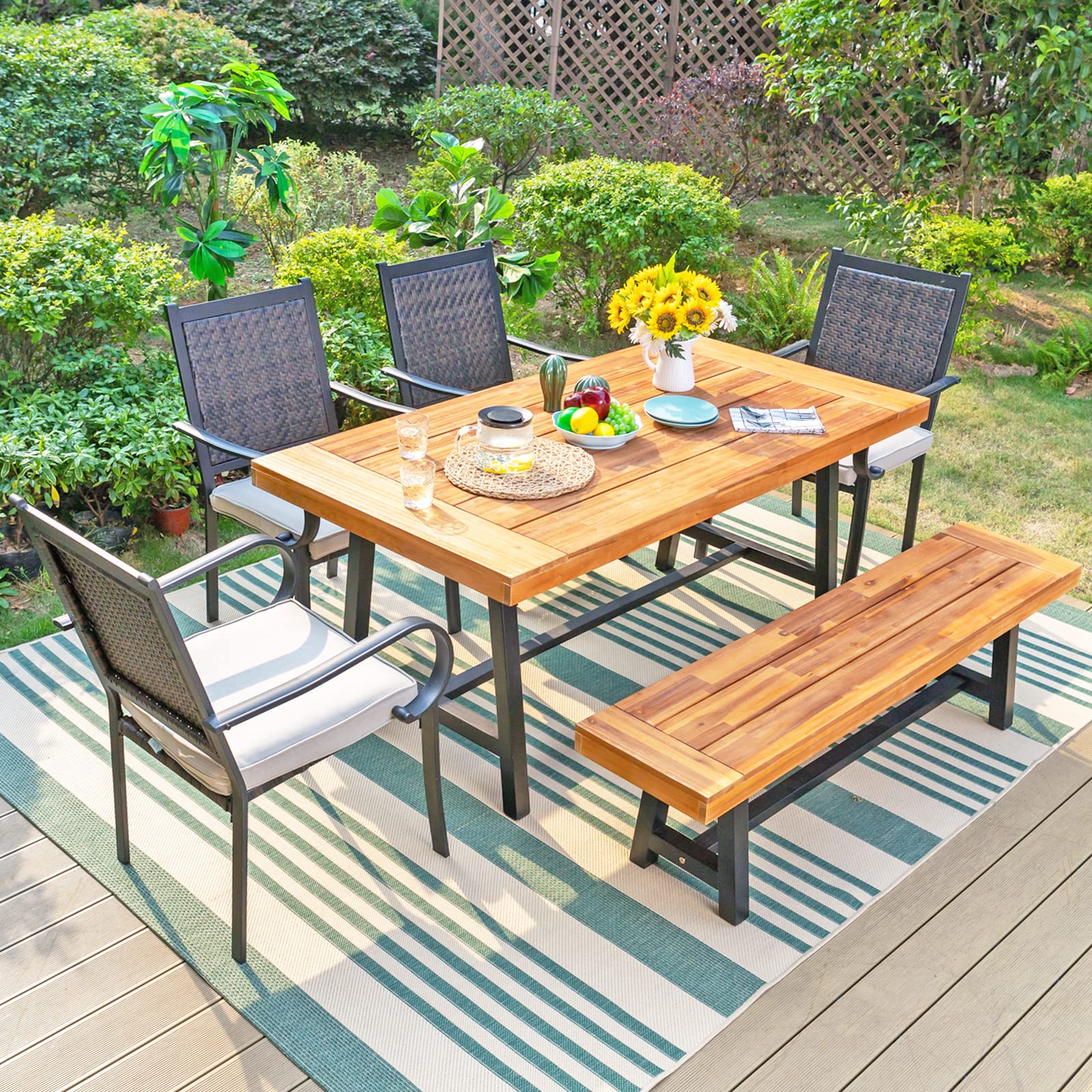 Sophia & William 6-Piece Outdoor Dining Set - 4 PE Rattan Chairs, Acacia Wood Table & Bench with Cushions - Patio Furniture for Backyard, Deck, Porch or Garden - Perfect for Family Gatherings & Summer BBQs
