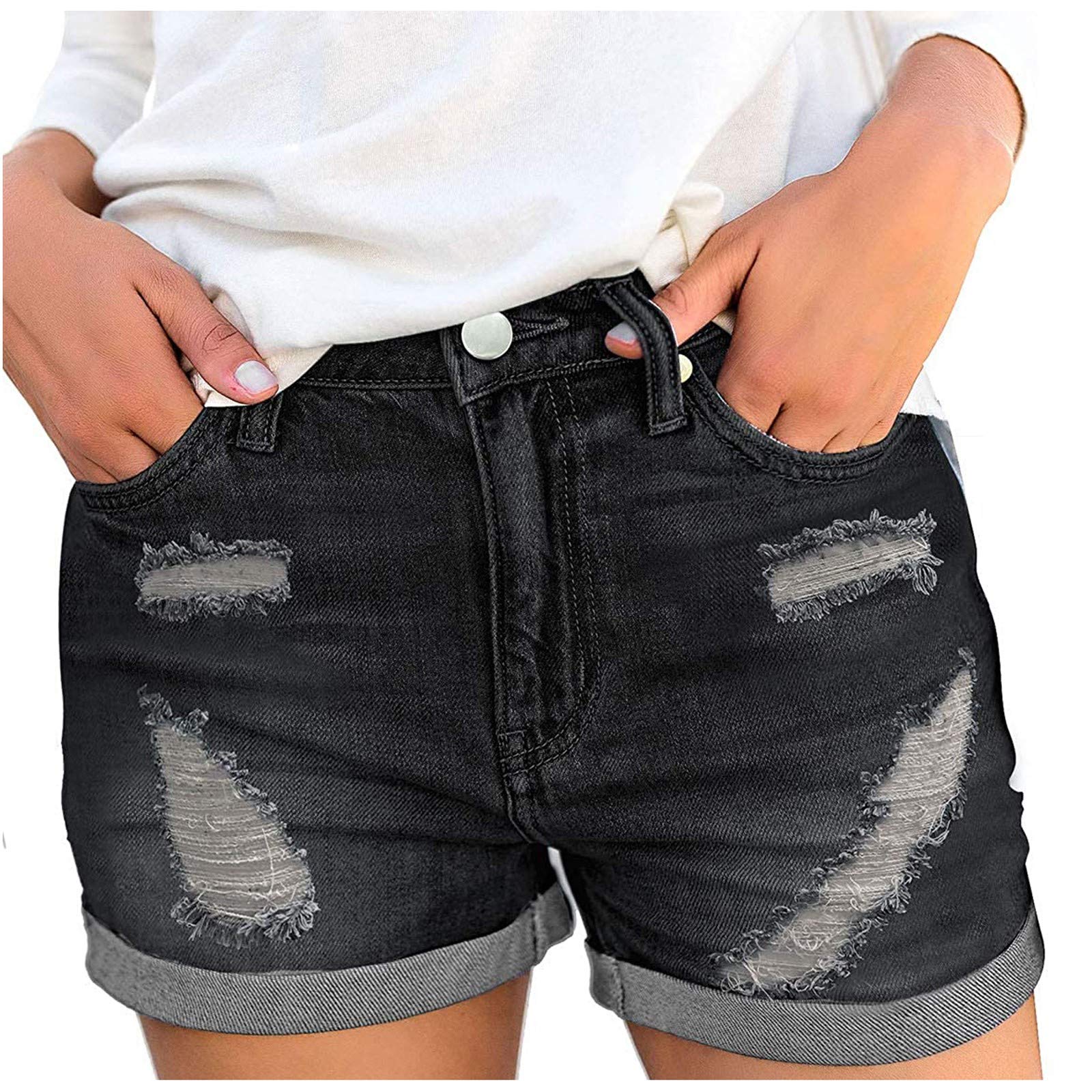 Women's Plus Size Distressed Denim Shorts with Pockets - Casual Ripped High Waist Jean Shorts for Summer | Perfect for Beach, Streetwear & Athletic Outfits