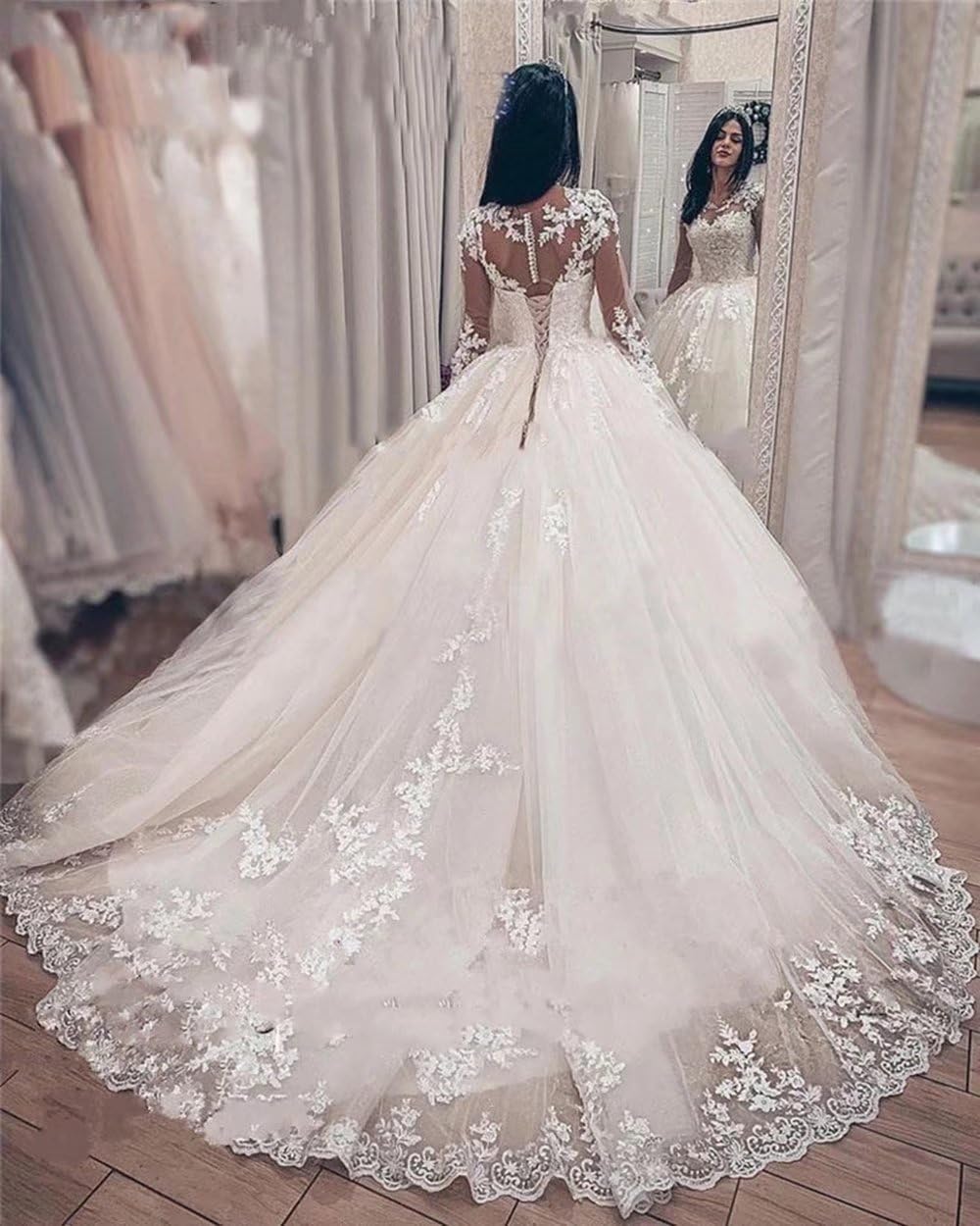 Elegant Long Sleeve Lace Wedding Dress for Women - Ball Gown Bridal Gown with Applique Details | Perfect for Church Ceremonies, Formal Weddings & Bride Portraits