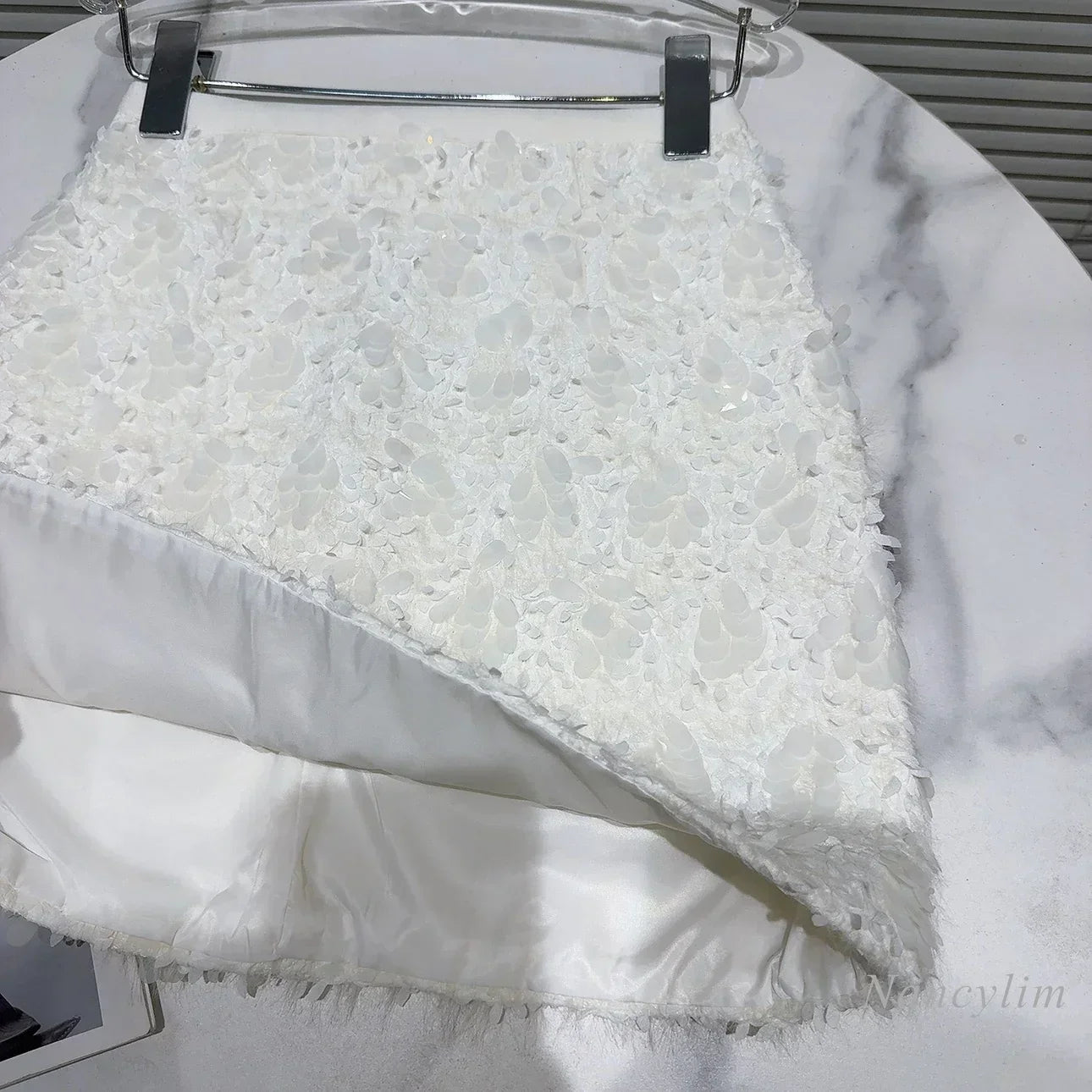 Elegant White A-Line Skirt for Women - Chic Sequined Tweed Short Skirt | Autumn Fashion, Celebrity Style | Perfect for Parties, Dates & Office Wear