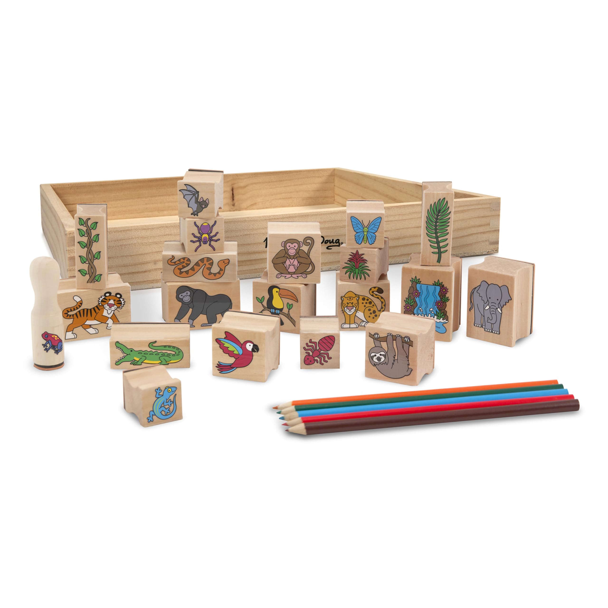 Melissa & Doug Rain Forest Stamp-a-Scene Set - 20 Wooden Stamps, 5 Colored Pencils & 2-Color Stamp Pad for Kids Art Activities, DIY Greeting Cards & Creative Play