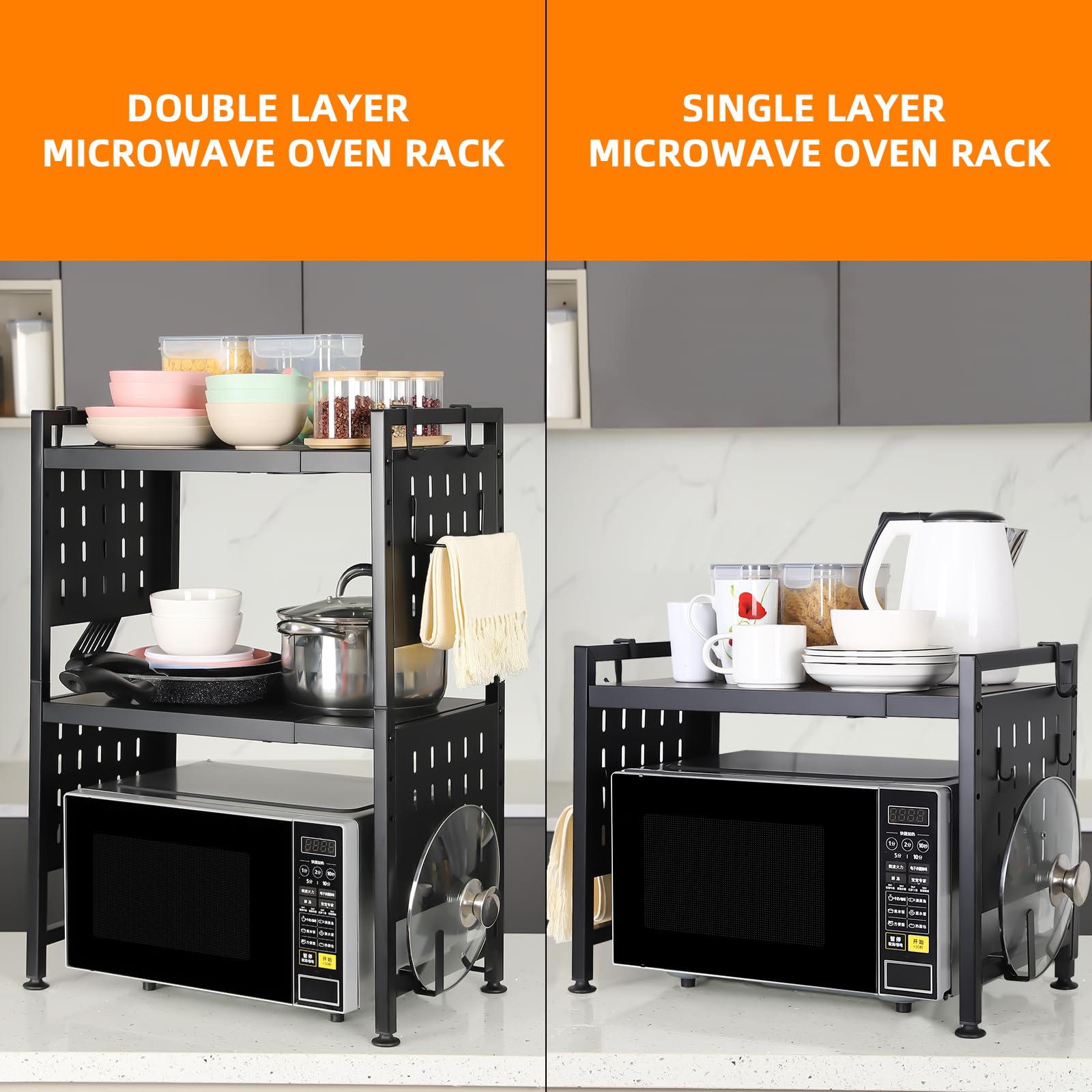 3-Tier Expandable Microwave Stand with 4 Hooks & Pot Lid Holder - Space Saving Kitchen Organizer for Countertops - Perfect for Small Kitchens, Dorms & RVs (Black)
