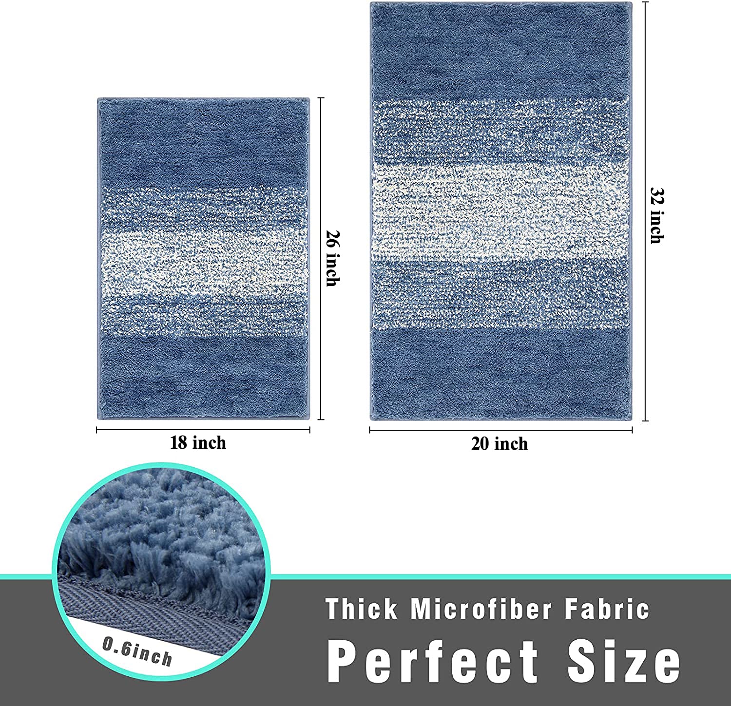 Vaukki Luxury Soft Bathroom Rugs Set of 2 - Non-Slip Washable Plush Bath Mats, Super Absorbent Microfiber Shaggy Striped Bath Carpet for Tub, Bathroom & Shower (18