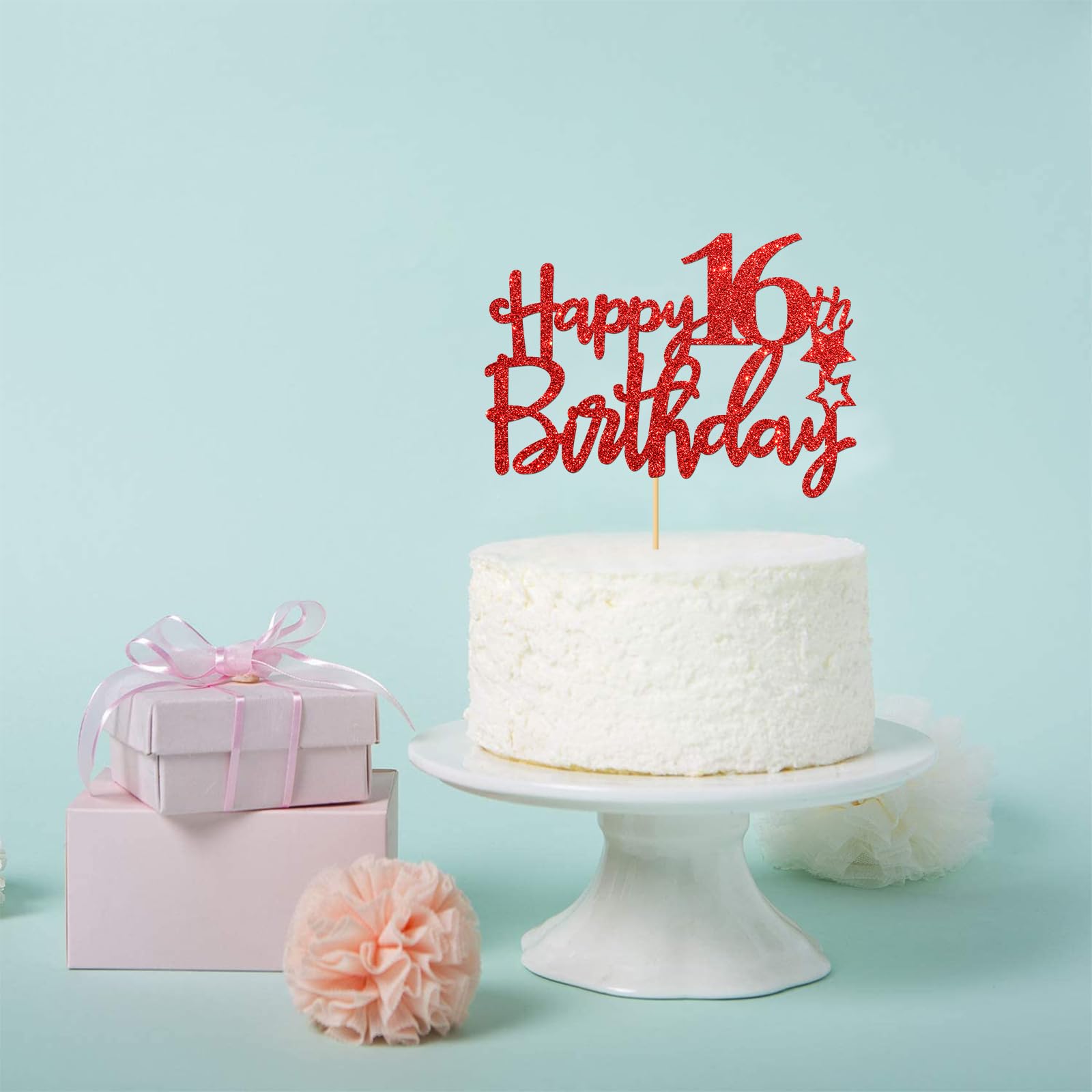 Red Glitter Happy 16th Birthday Cake Topper - Sixteen Sign for Sweet 16 Party Decorations - Cheers to 16 Years Celebration Supplies | Perfect for Birthday Cakes, Cupcakes & Dessert Tables