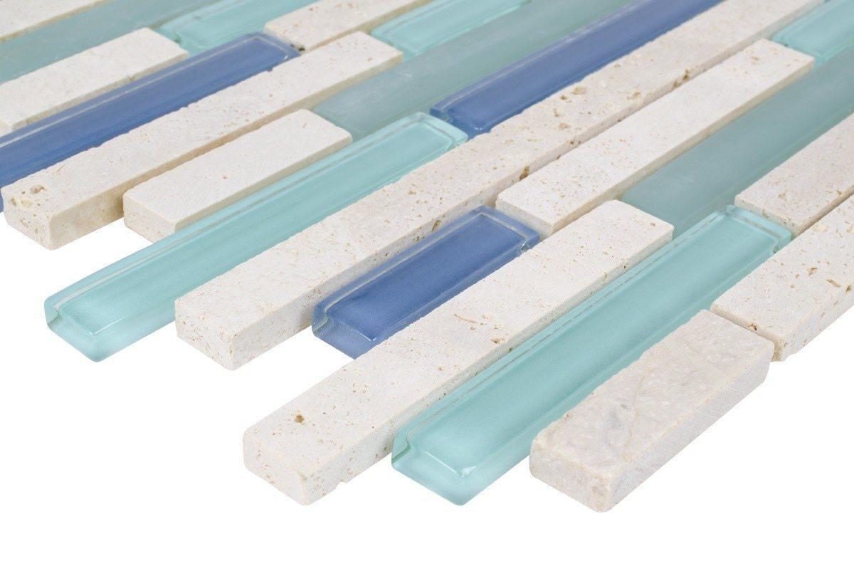 Premium Glass Travertine Aqua Blend Mosaic Tile Brick - Waterproof Kitchen Backsplash for Bathroom, Shower Wall & Poolside Decor