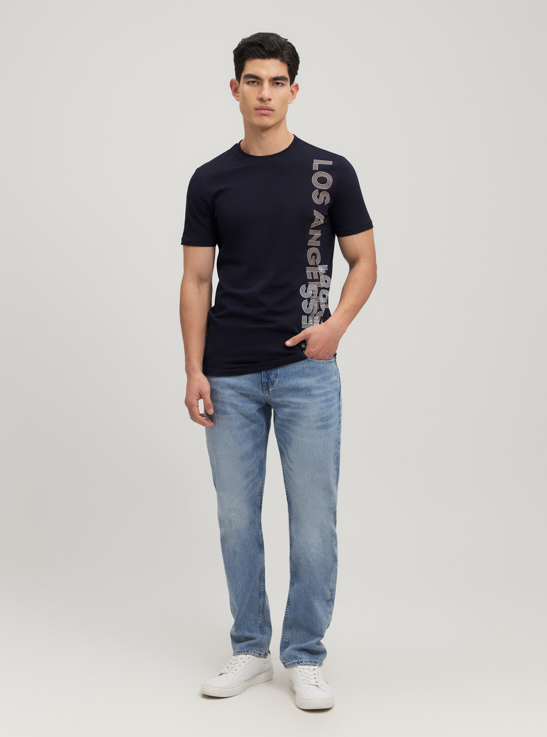 Eco-Friendly Navy Blue Vertical Logo T-Shirt for Men & Women - Casual Wear, Gym, Outdoor Activities