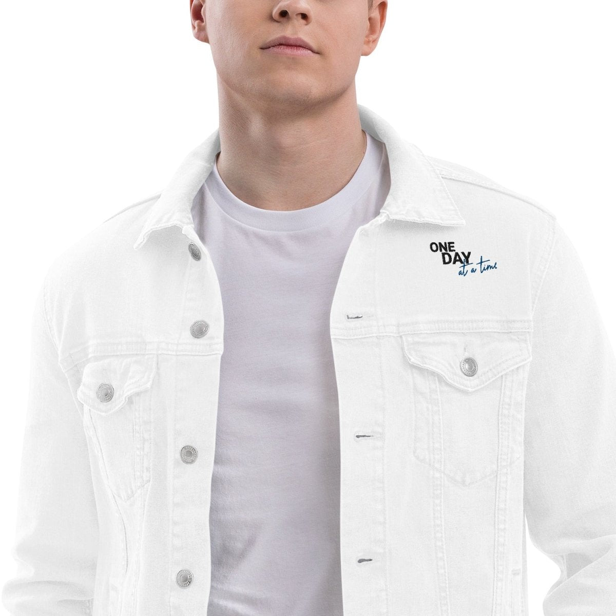 One Day at a Time Denim Jacket - Inspirational Hope & Progress Motivational Jacket for Daily Wear, Work, and Outdoor Activities