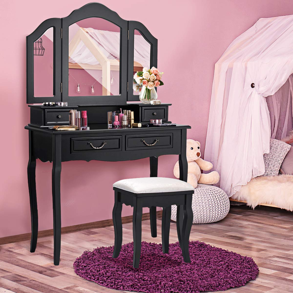 Vanity Table Set with Stool & Mirror - 4-Drawer Multifunctional Makeup & Writing Desk, Tri-Folding Mirror & Cushioned Stool - Perfect for Home Bedroom, Dressing Room & Beauty Salon (Black)